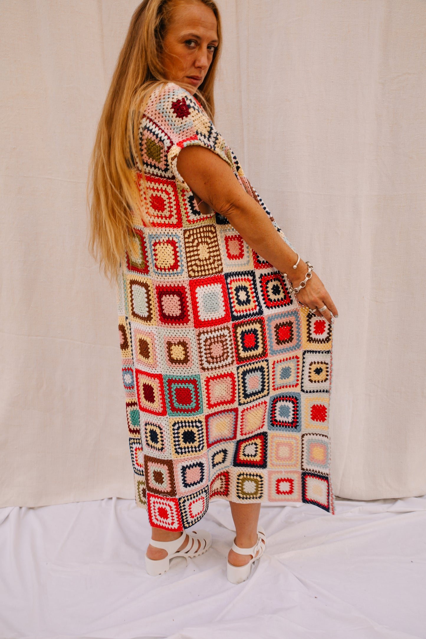 Vintage 1970s Granny Square Crochet blanket jacket waistcoat up-cycled by Vagabond Ibiza