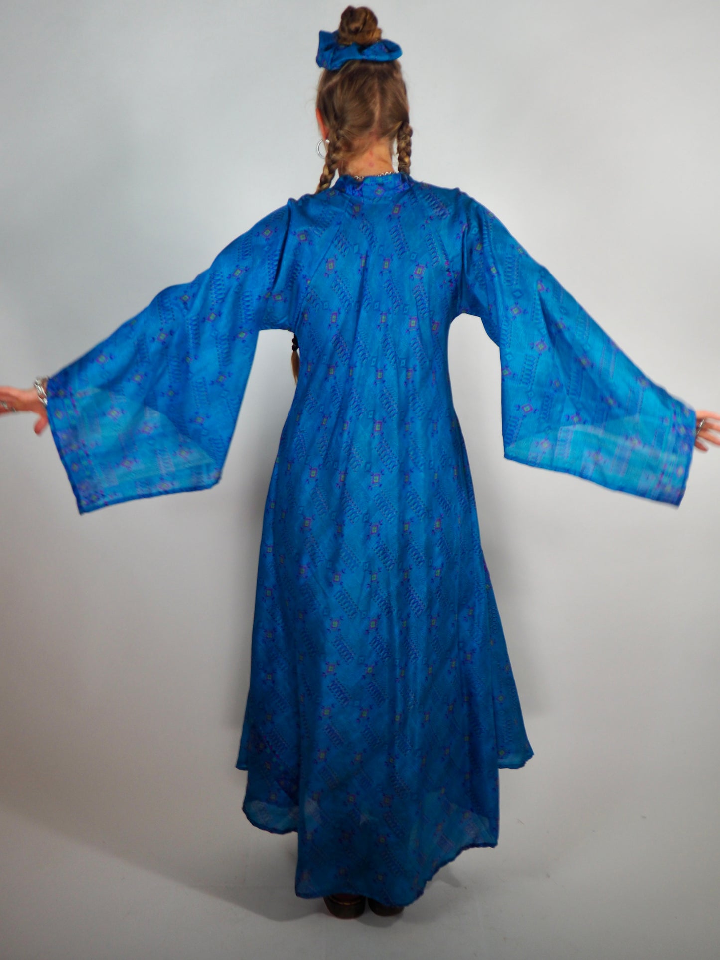 The Diamond Bias-Cut Maxi Dress – Up-cycled Vintage Sari Sustainable Dress with angel Sleeves + Matching Scrunchy & Bag