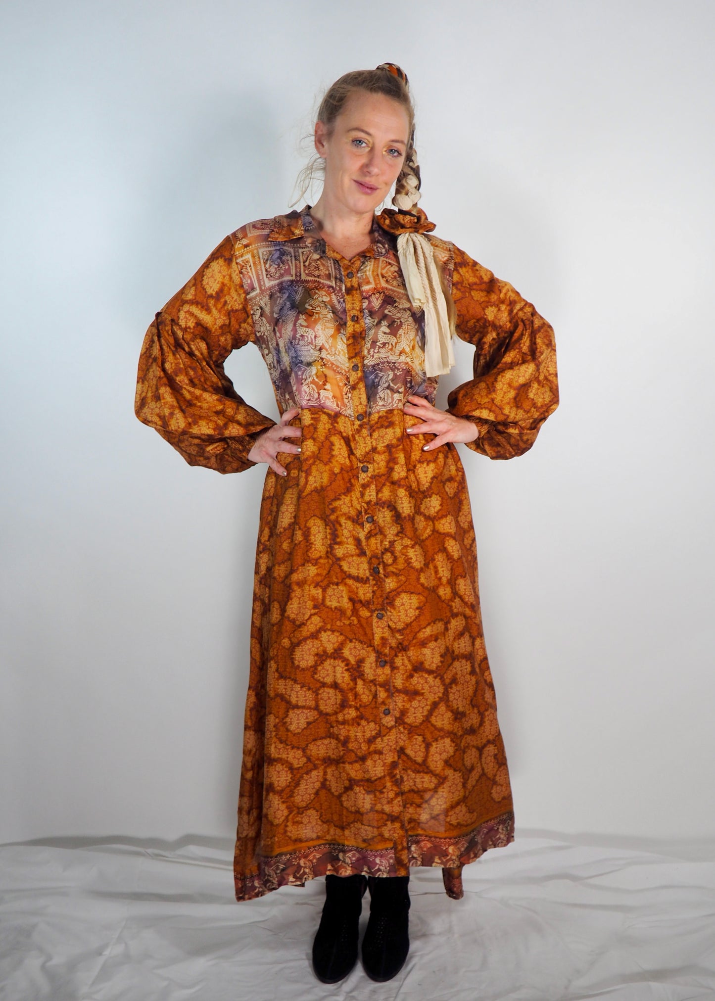 The Lenya Up-cycled Vintage Sari Dress – Sustainable Boho Dress with Oversized Sleeves Matching Scrunchy & Storage Bag