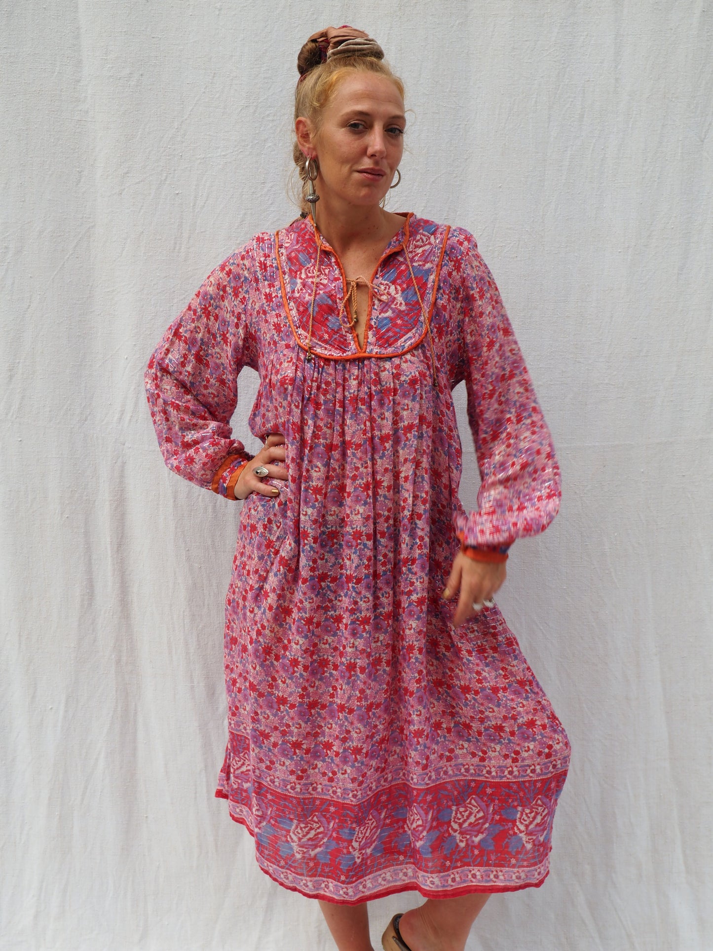 Vintage Original 1970’s rare Indian fine cotton block printed floral dress in pink