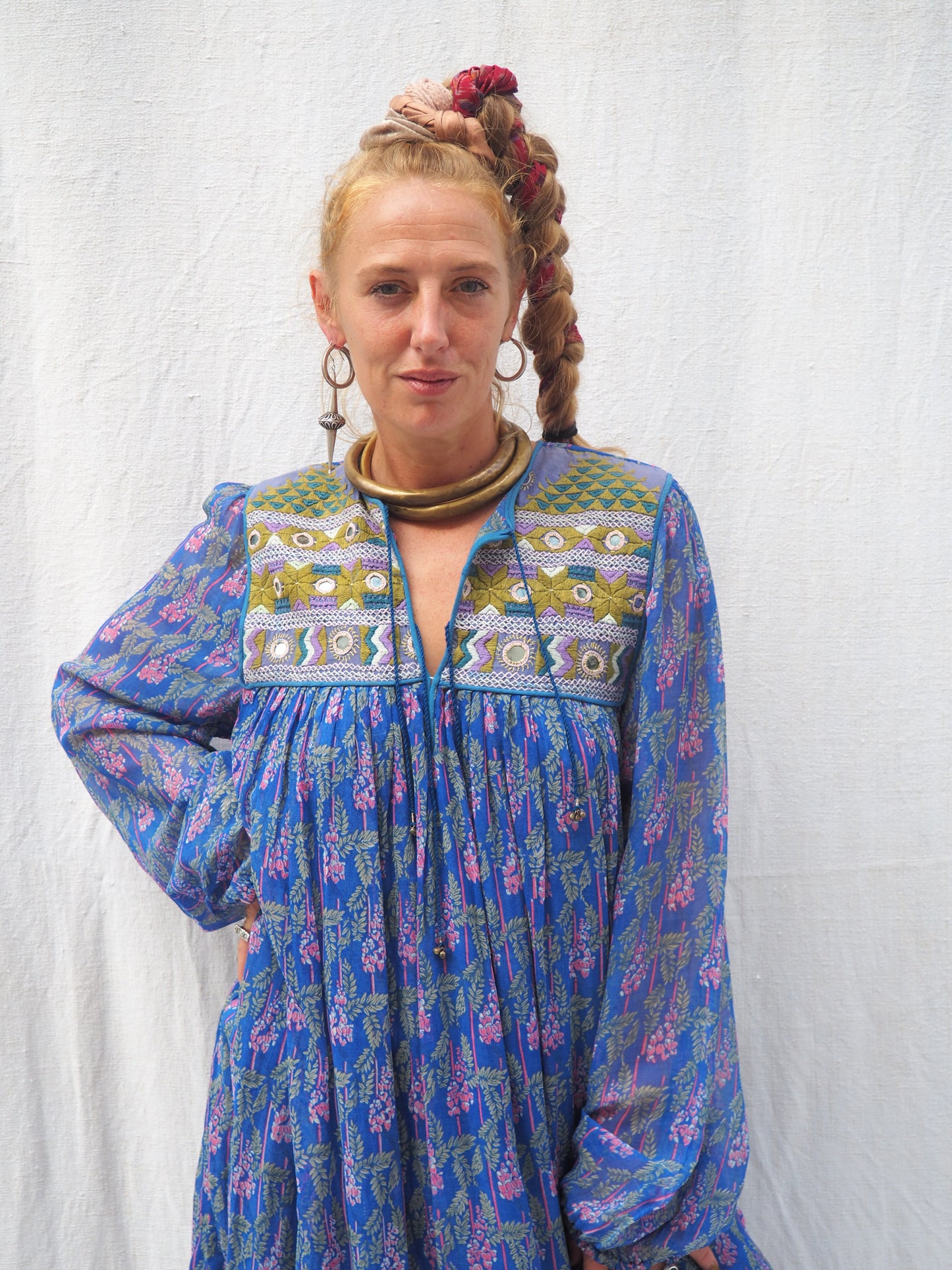 Vintage 1970s Indian Dress with Hand-Embroidered Panel