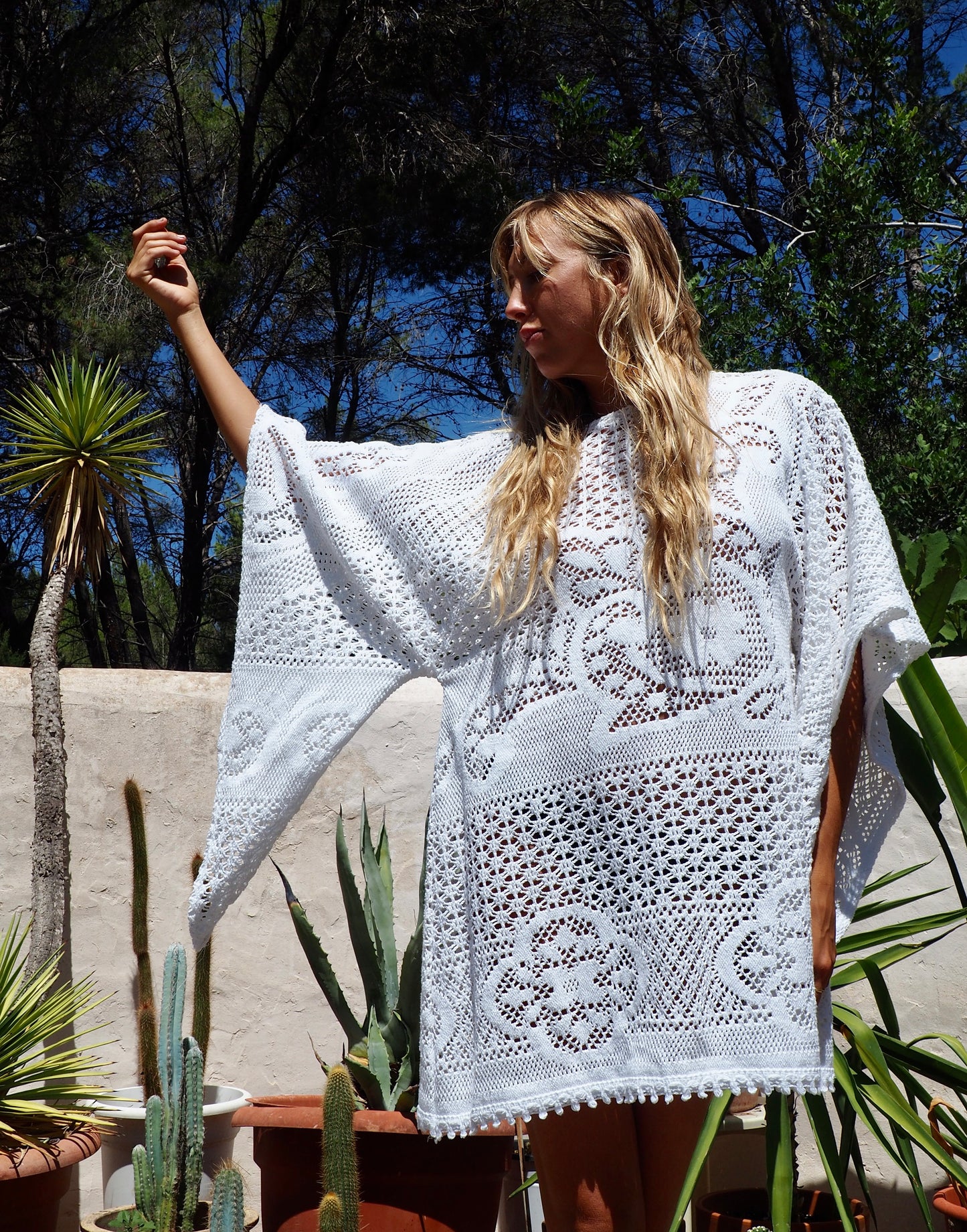 White vintage crochet bell sleeve shirt dress up-cycled by Vagabond Ibiza made in our atelier in Ibiza