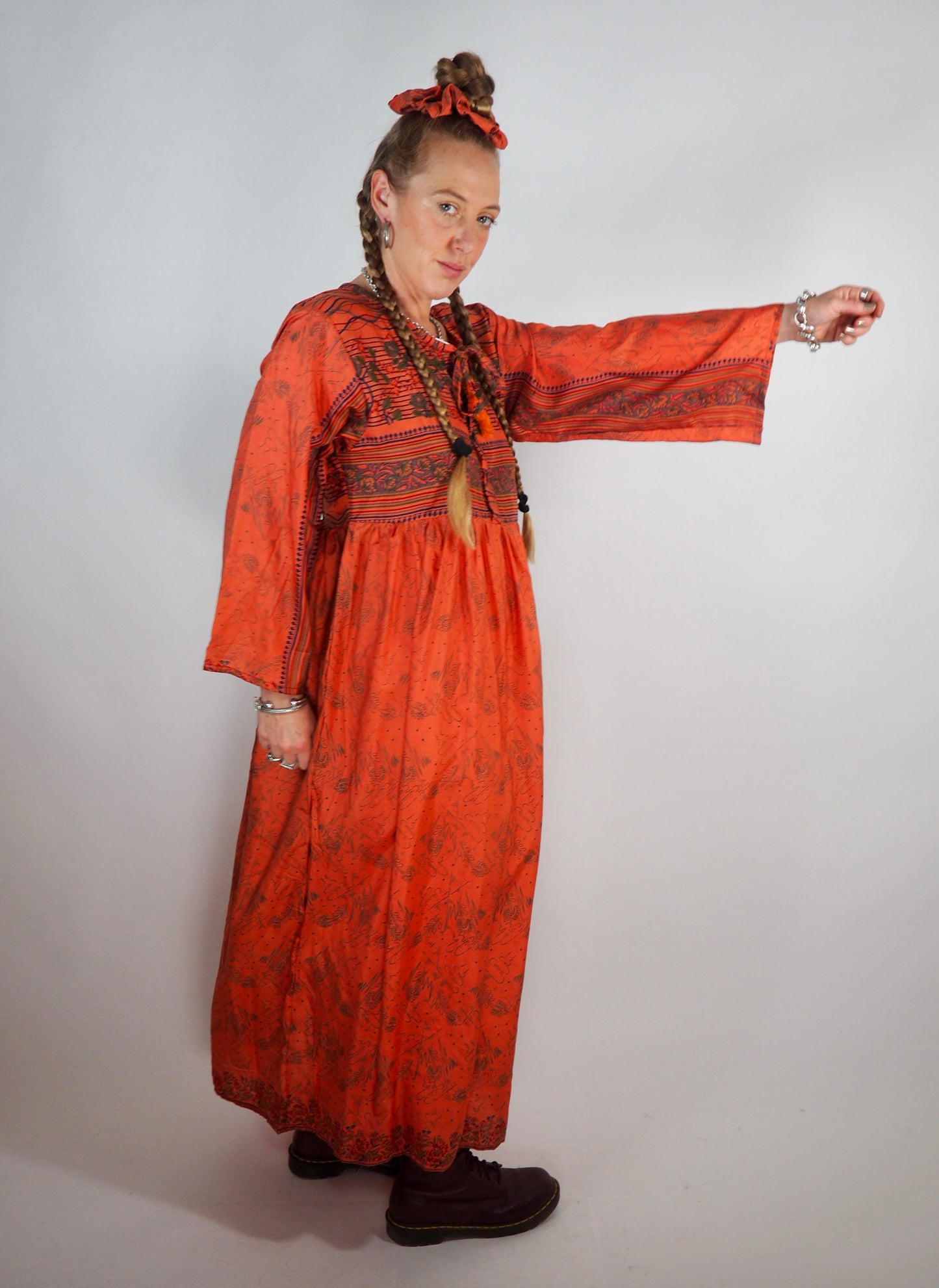 The Vadella Up-cycled Vintage Re-cycled Sari Maxi Dress – Sustainable Boho Dress with Tie Neck Detail + Matching Scrunchy & Bag