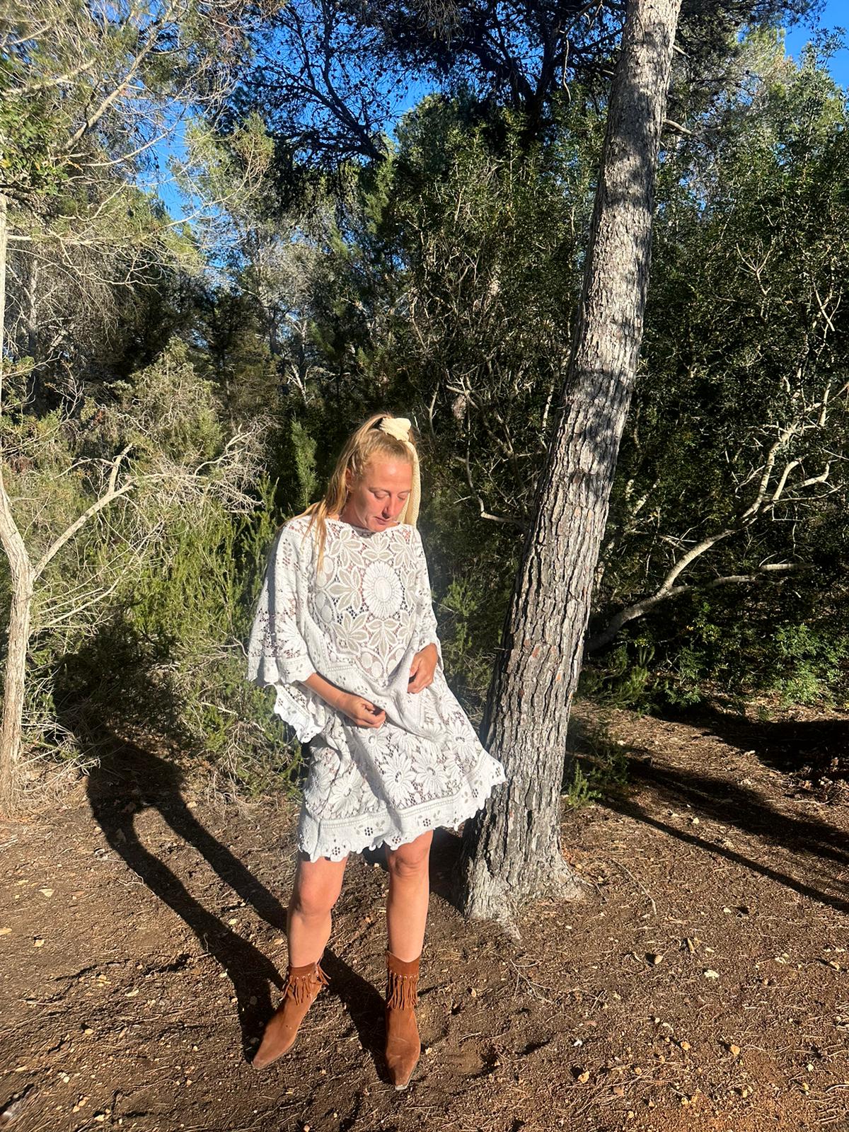 White vintage lace upcycled bell sleeve dress made by Vagabond Ibiza made in Ibiza
