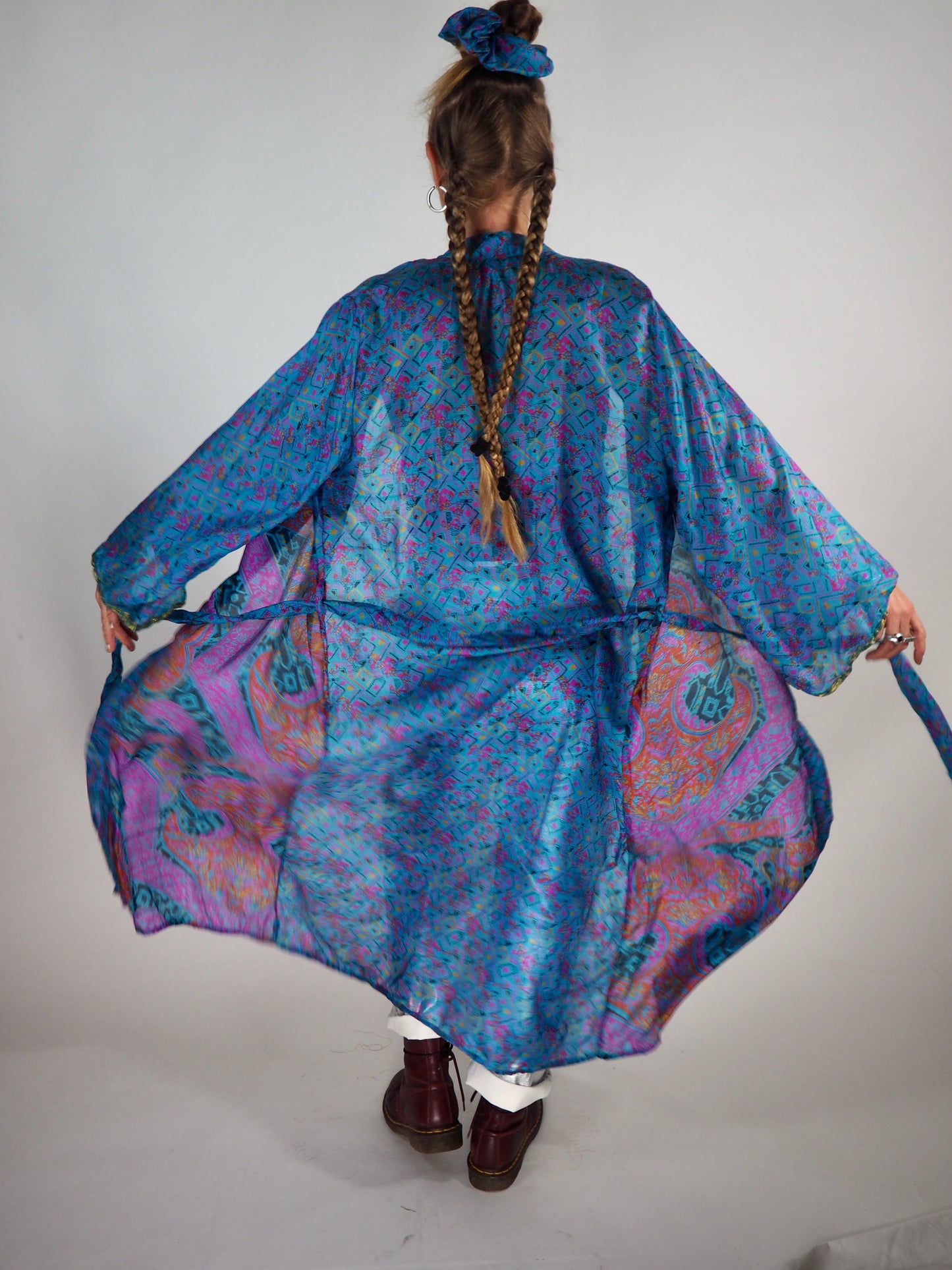 The Kardash Long Kimono – Up-cycled Vintage Sari long Kimono Robe with Waist Tie + Matching Scrunchy & Storage Bag