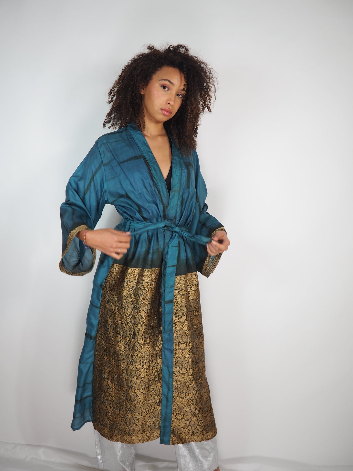 The Kardash Long Kimono – Up-cycled Vintage Sari long Kimono Robe with Waist Tie + Matching Scrunchy & Storage Bag