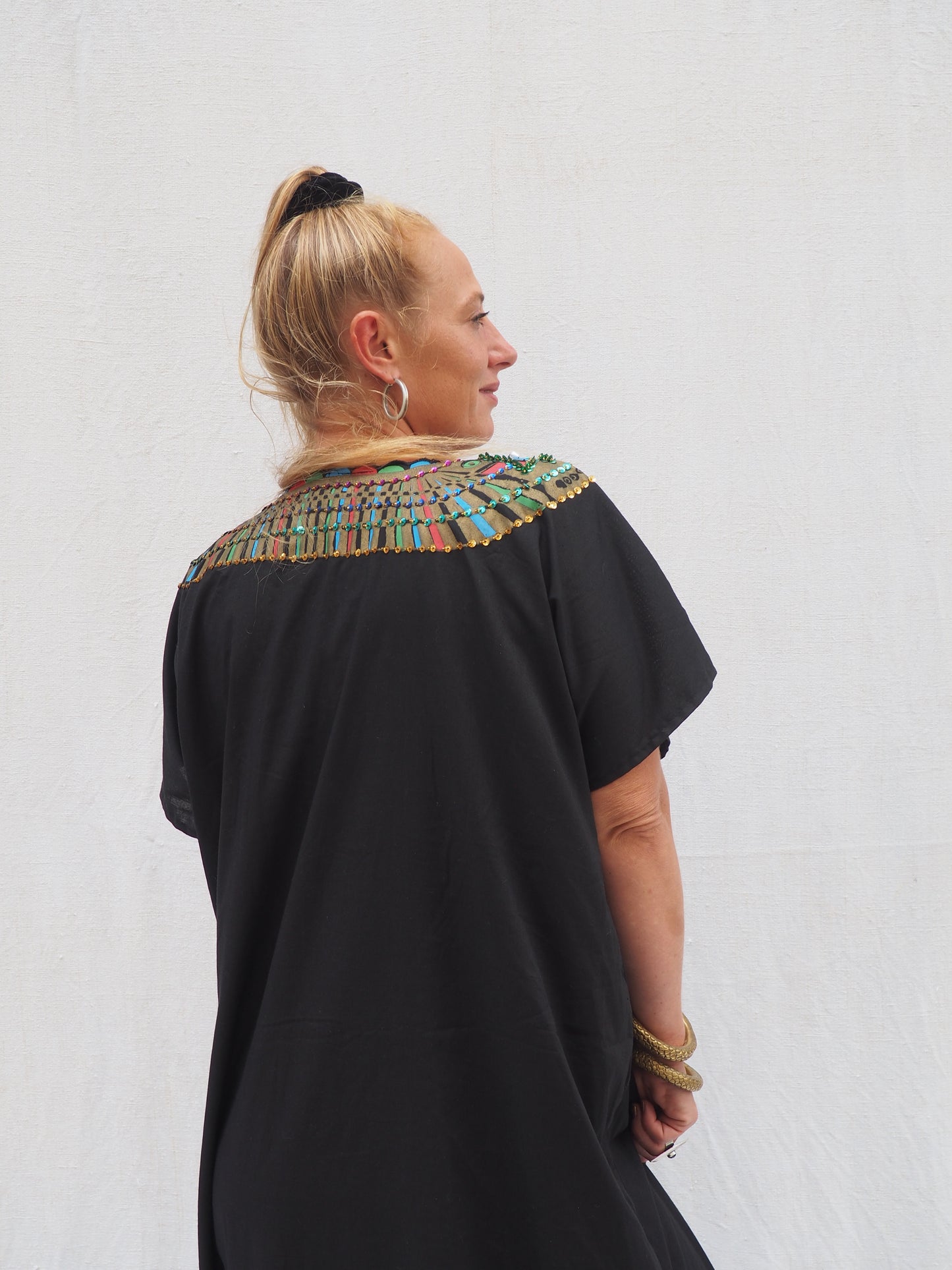 Vintage Black Kaftan with printed bead and Gold Detail