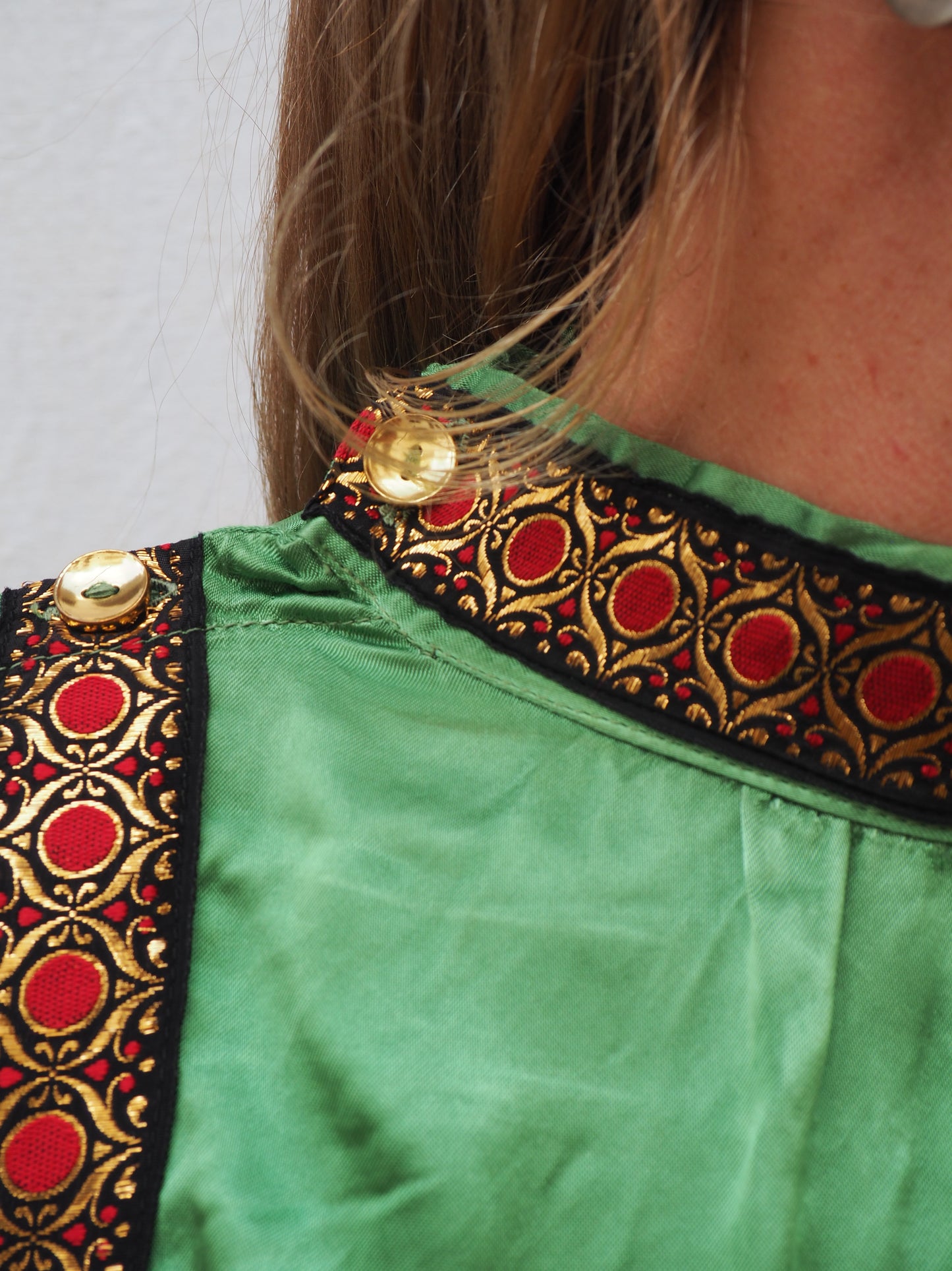 Vintage 1970s Green Satin Jacket with Embellished Trim