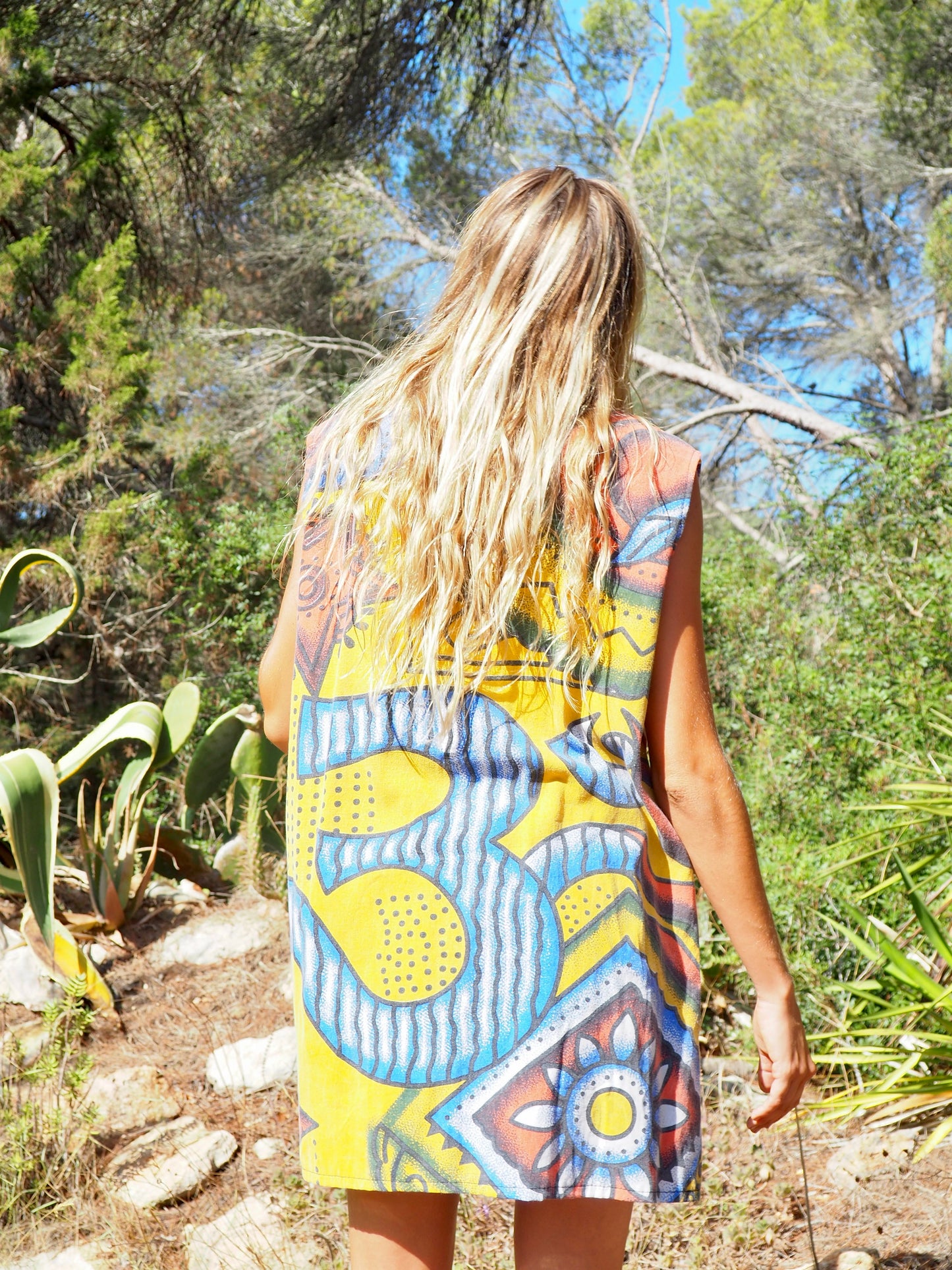 Up-cycled cotton funky bright colourful printed long waistcoat by Vagabond Ibiza