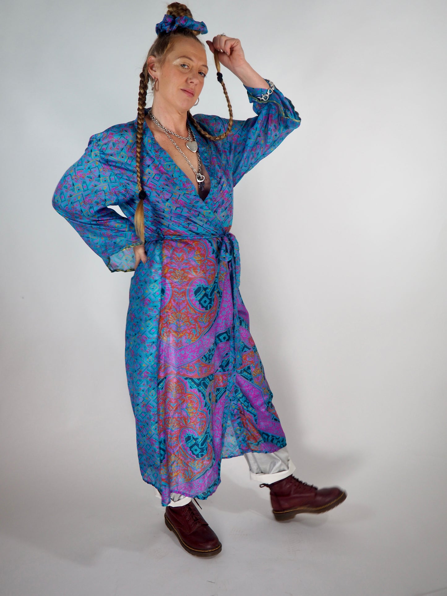 The Kardash Long Kimono – Up-cycled Vintage Sari long Kimono Robe with Waist Tie + Matching Scrunchy & Storage Bag