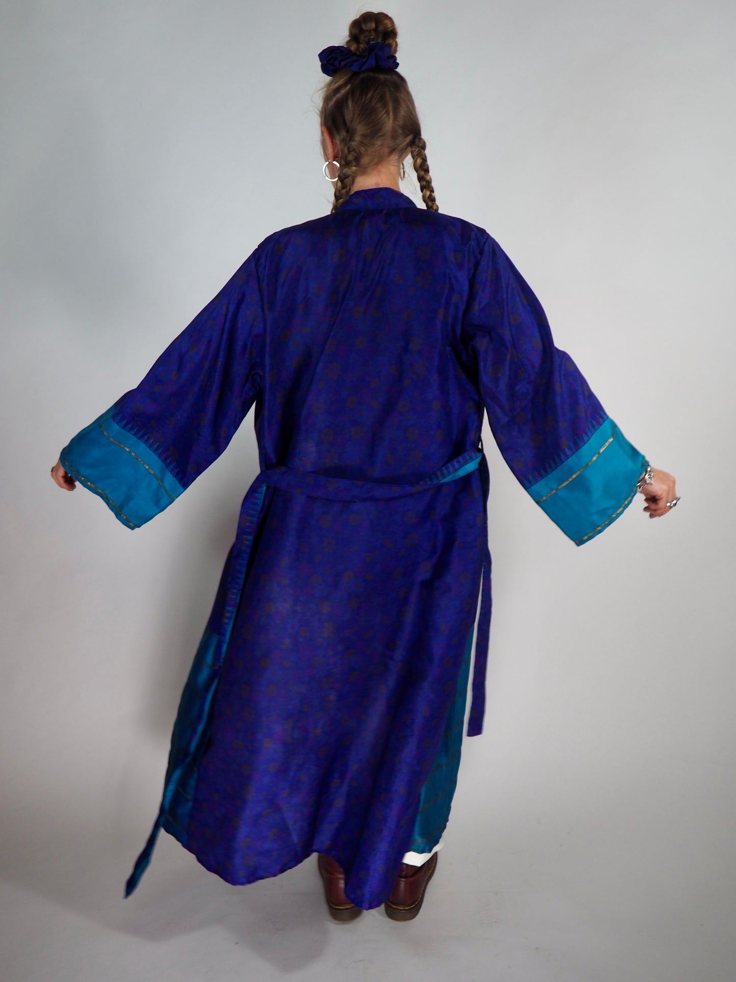 The Kardash Long Kimono – Up-cycled Vintage Sari long Kimono Robe with Waist Tie + Matching Scrunchy & Storage Bag