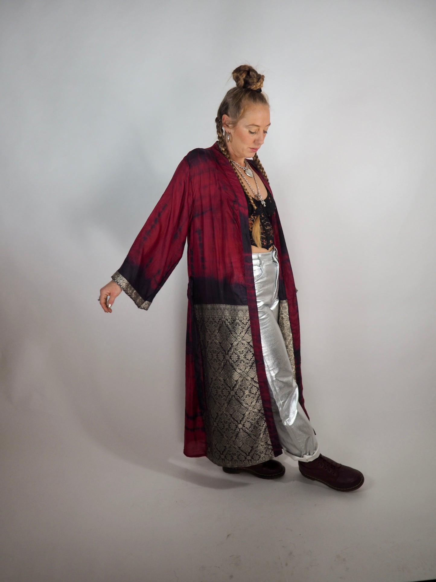 The Kardash Long Kimono – Up-cycled Vintage Sari long Kimono Robe with Waist Tie + Matching Scrunchy & Storage Bag