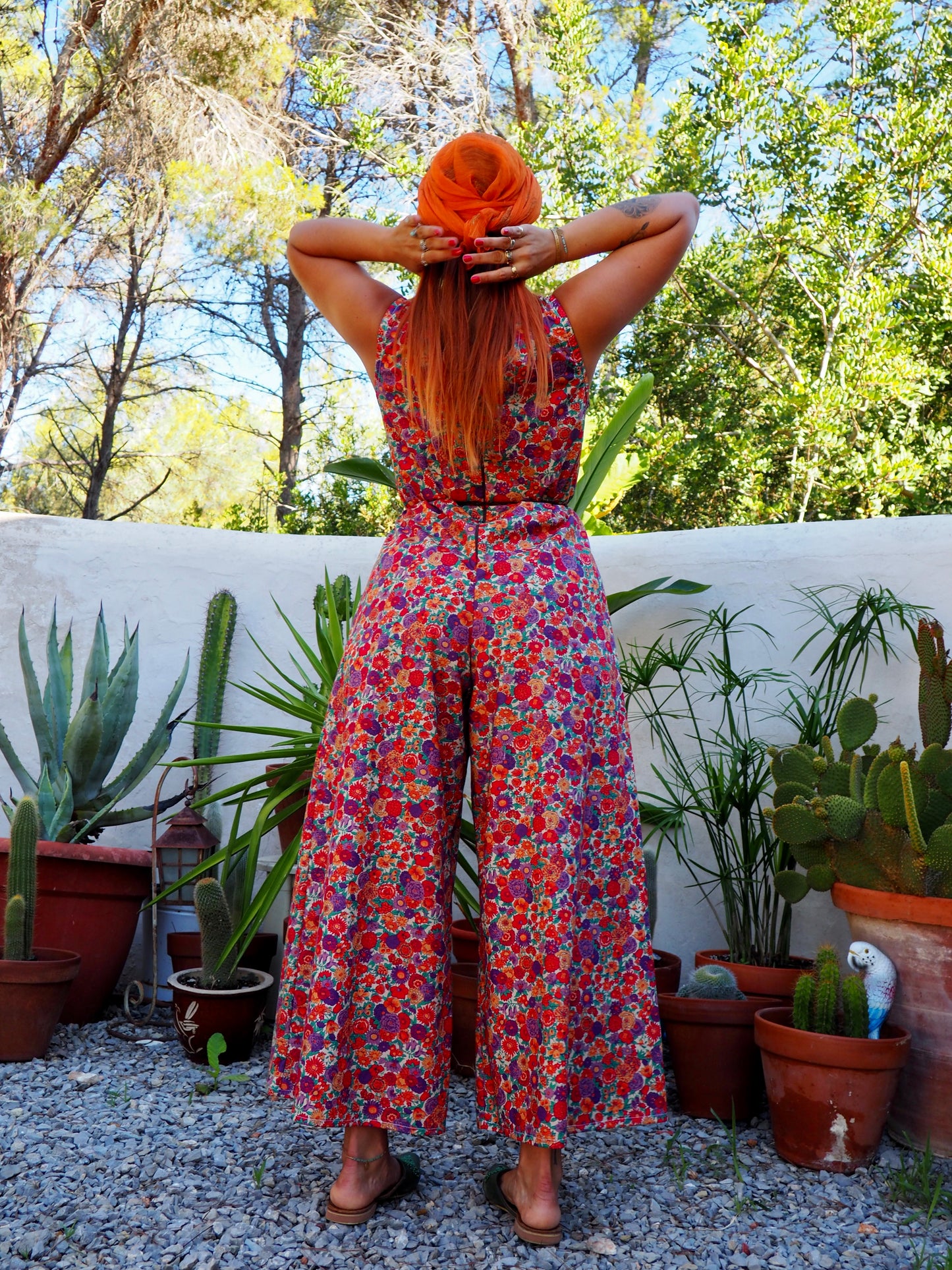 Vintage floral printed jumpsuits with wide leg pants and zip in back for fit up-cycled by Vagabond Ibiza