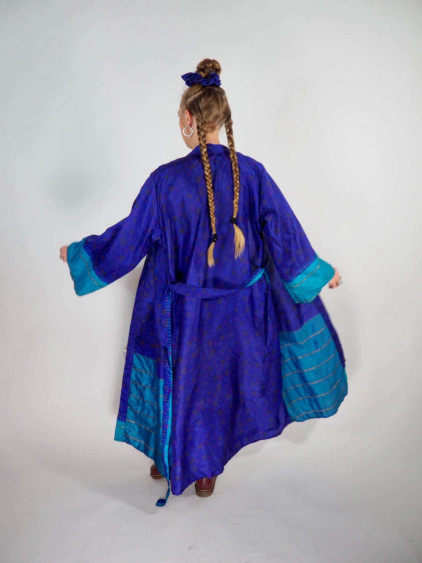 The Kardash Long Kimono – Up-cycled Vintage Sari long Kimono Robe with Waist Tie + Matching Scrunchy & Storage Bag