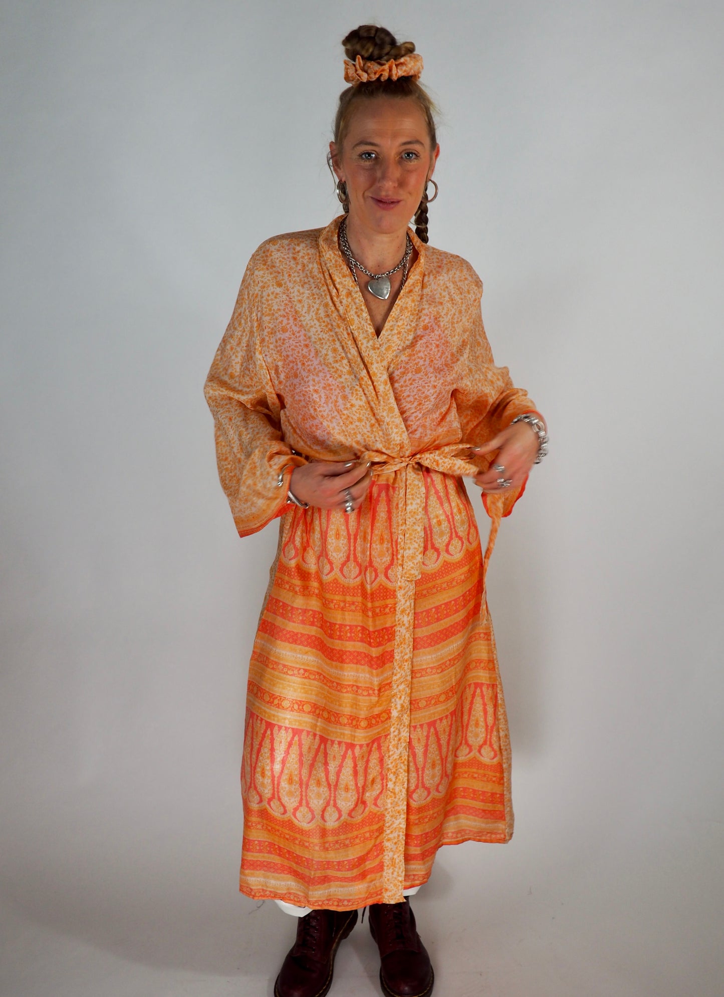 The Kardash Long Kimono – Up-cycled Vintage Sari long Kimono Robe with Waist Tie + Matching Scrunchy & Storage Bag