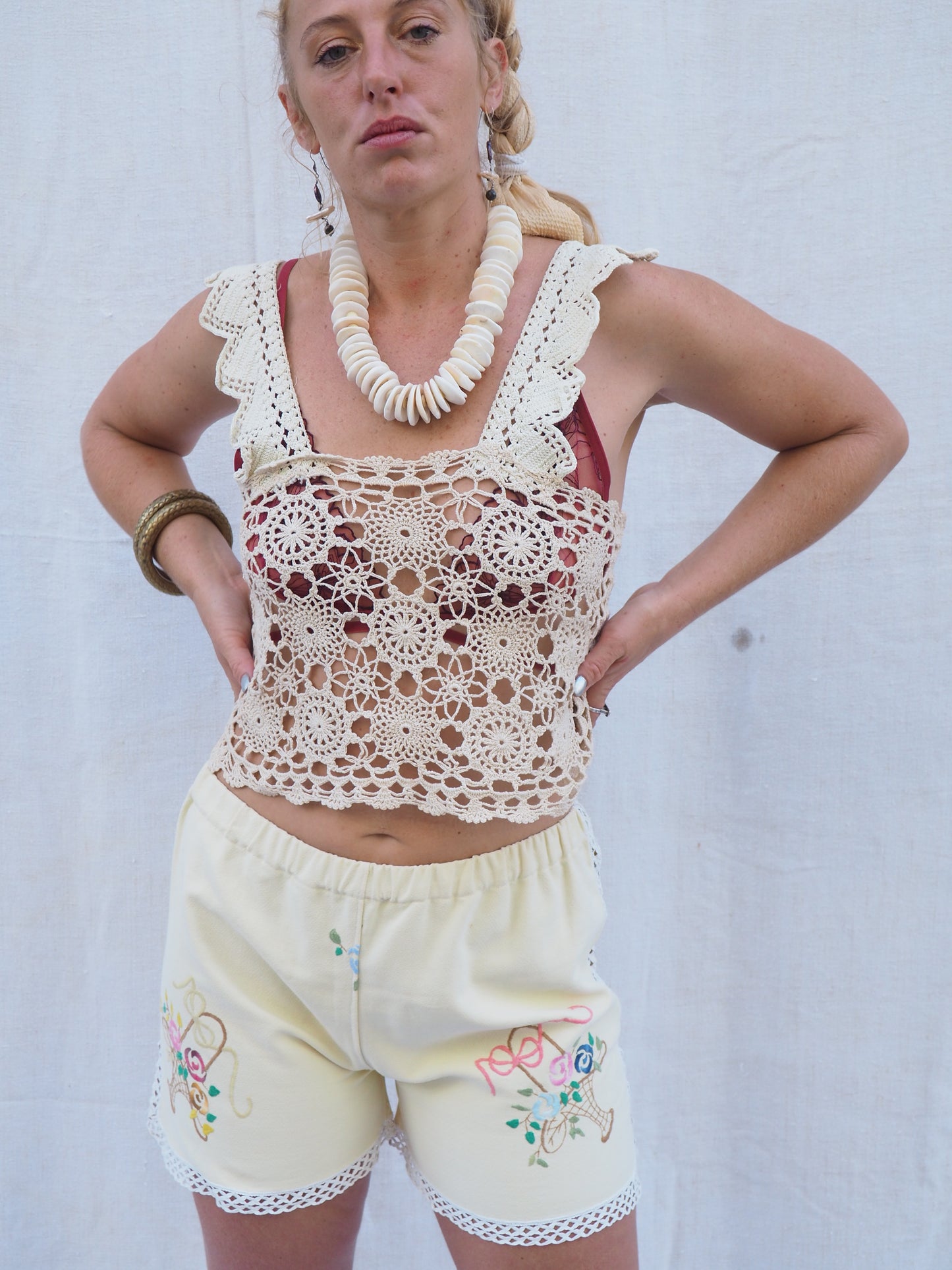 Upcycled Vintage 1970s Handmade Crochet Top – Cream – Handmade by Vagabond Ibiza