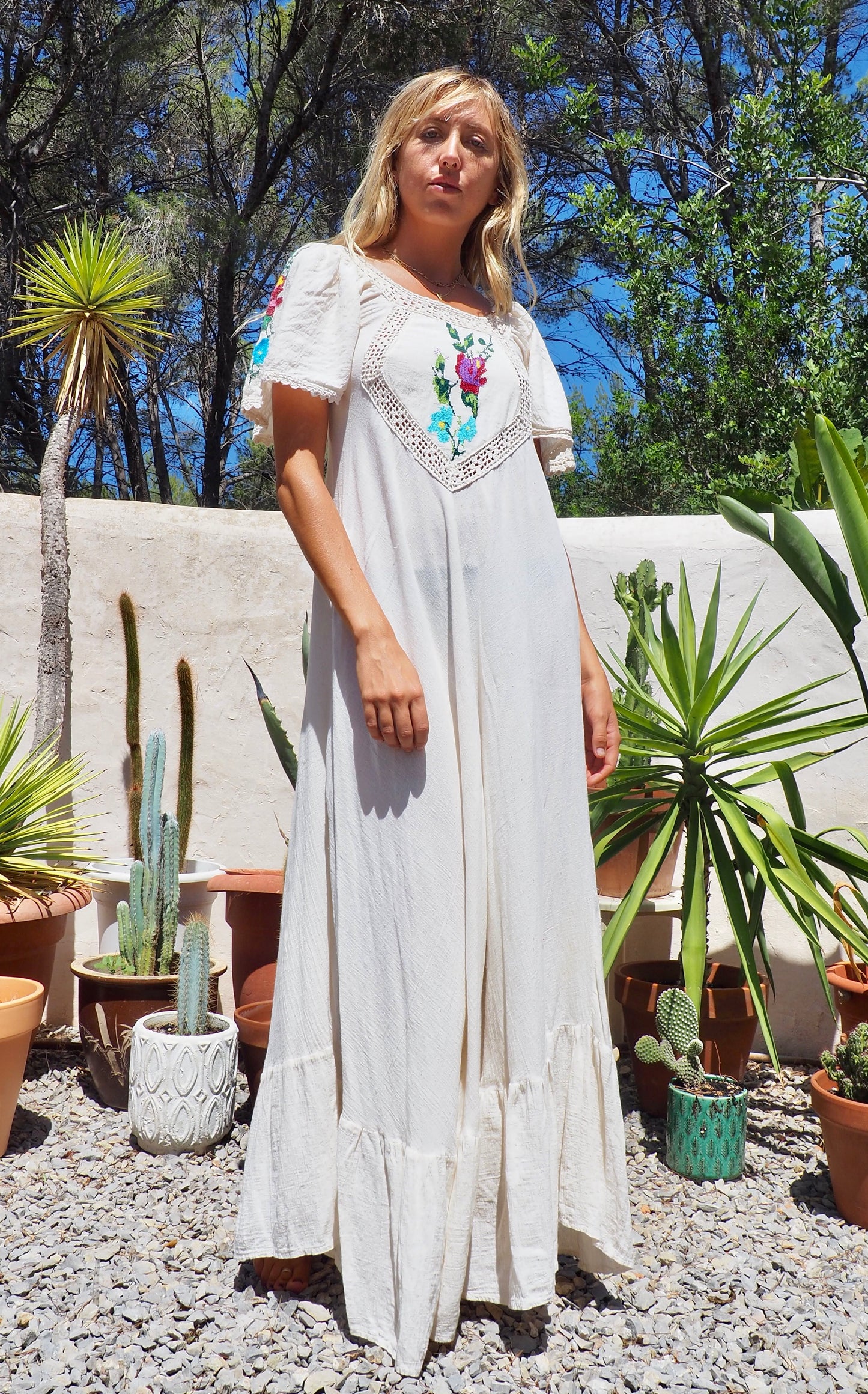 Original vintage 1970’s super fine cotton bohemian maxi dress with hand embroidered and cut out crochet details