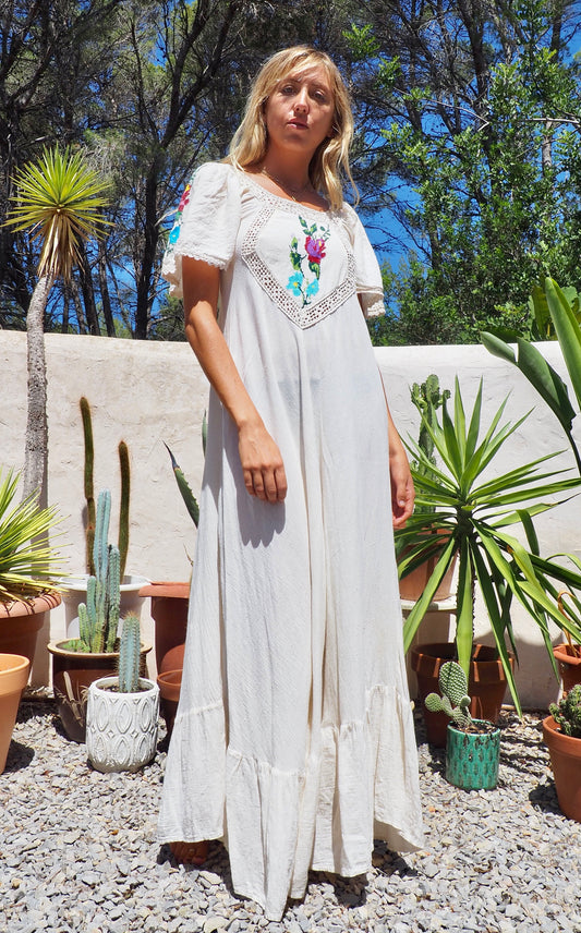 Original vintage 1970’s super fine cotton bohemian maxi dress with hand embroidered and cut out crochet details