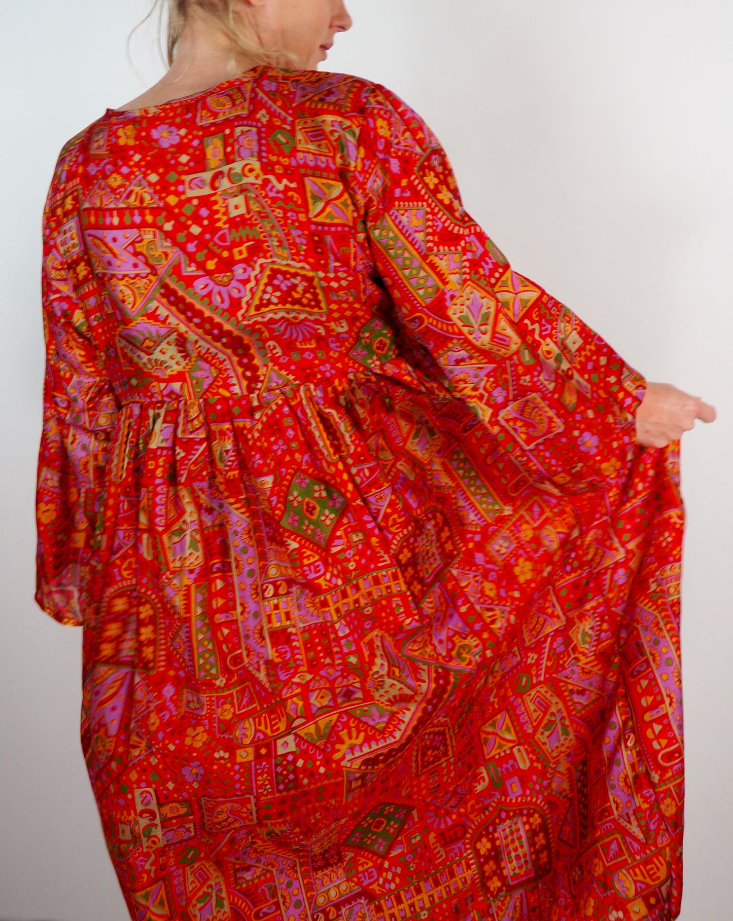 The Vadella Up-cycled Vintage Re-cycled Sari Maxi Dress – Sustainable Boho Dress with Tie Neck Detail + Matching Scrunchy & Bag