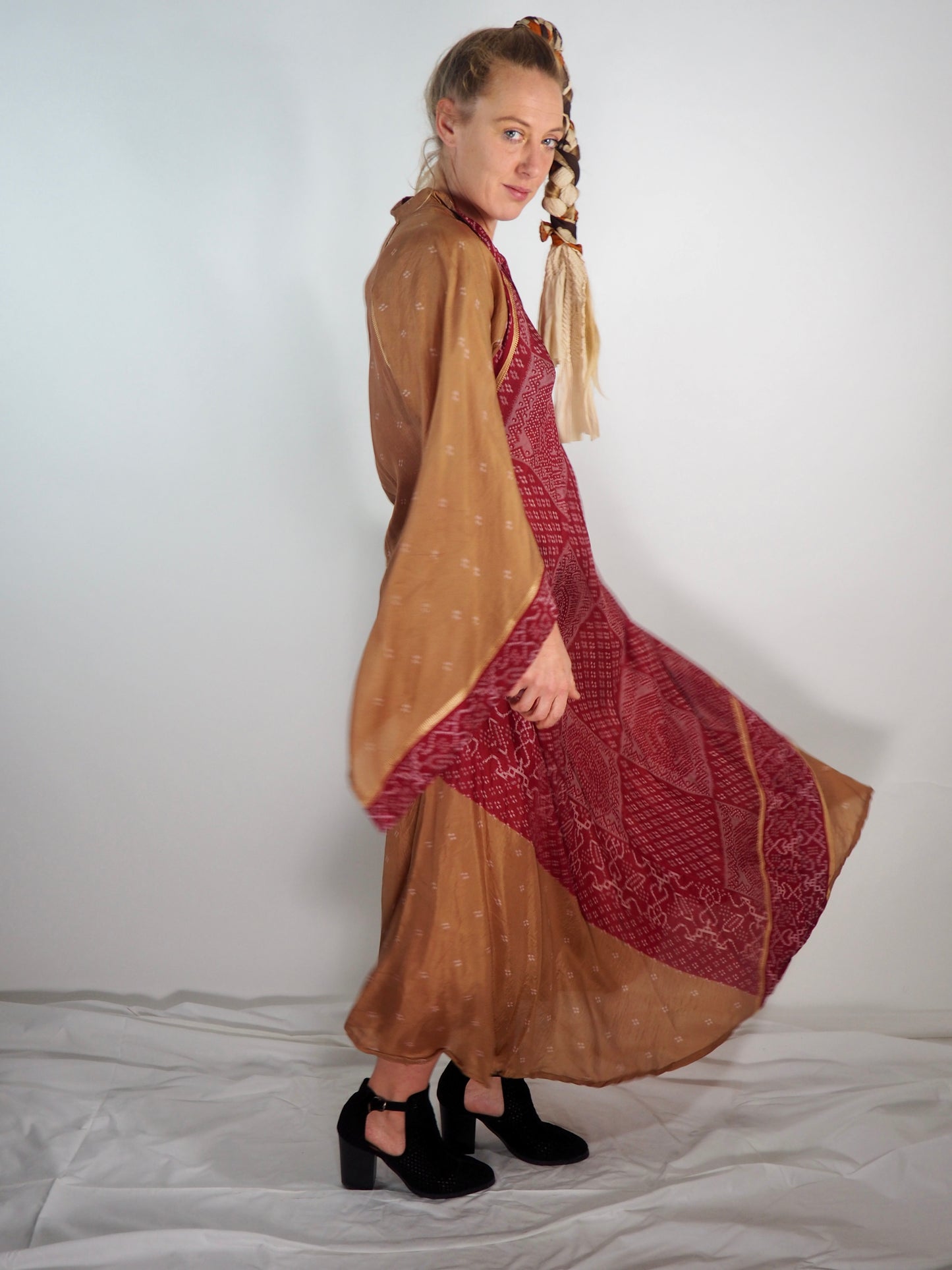 The Diamond Bias-Cut Maxi Dress – Up-cycled Vintage Sari Sustainable Dress with angel Sleeves + Matching Scrunchy & Bag