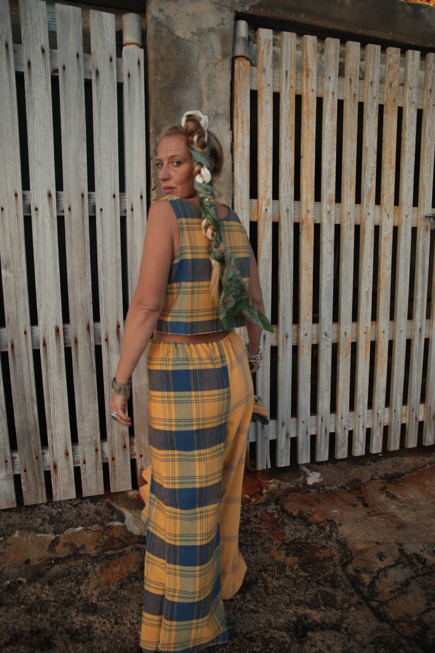 Up-cycled vintage cotton 3 piece set top and pants and short jackets set made from vintage textiles patch together with a yellow and blue checked design.