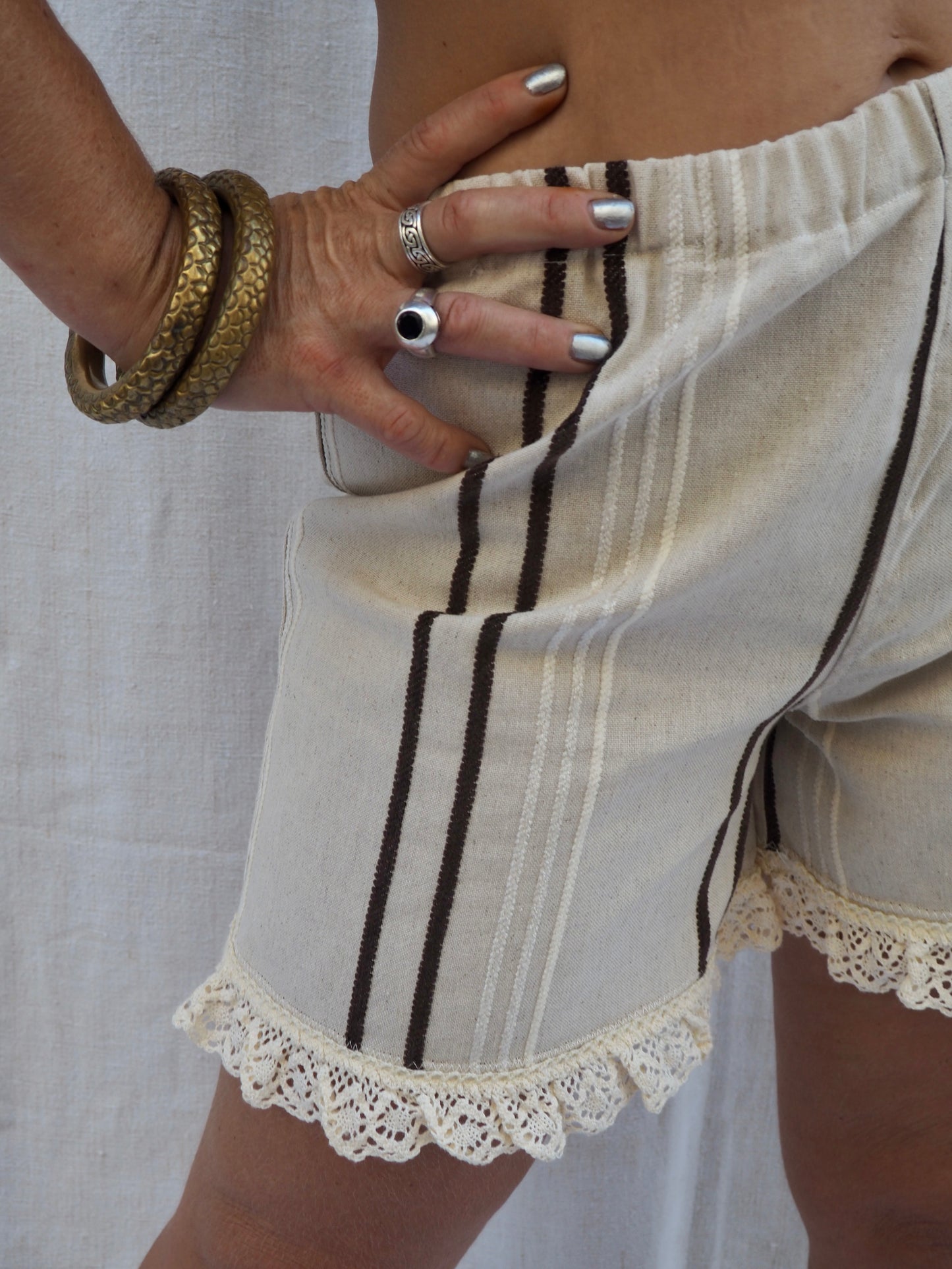 Up-cycled Vintage Linen & Crochet Shorts with Lace Trim – Handmade by Vagabond Ibiza