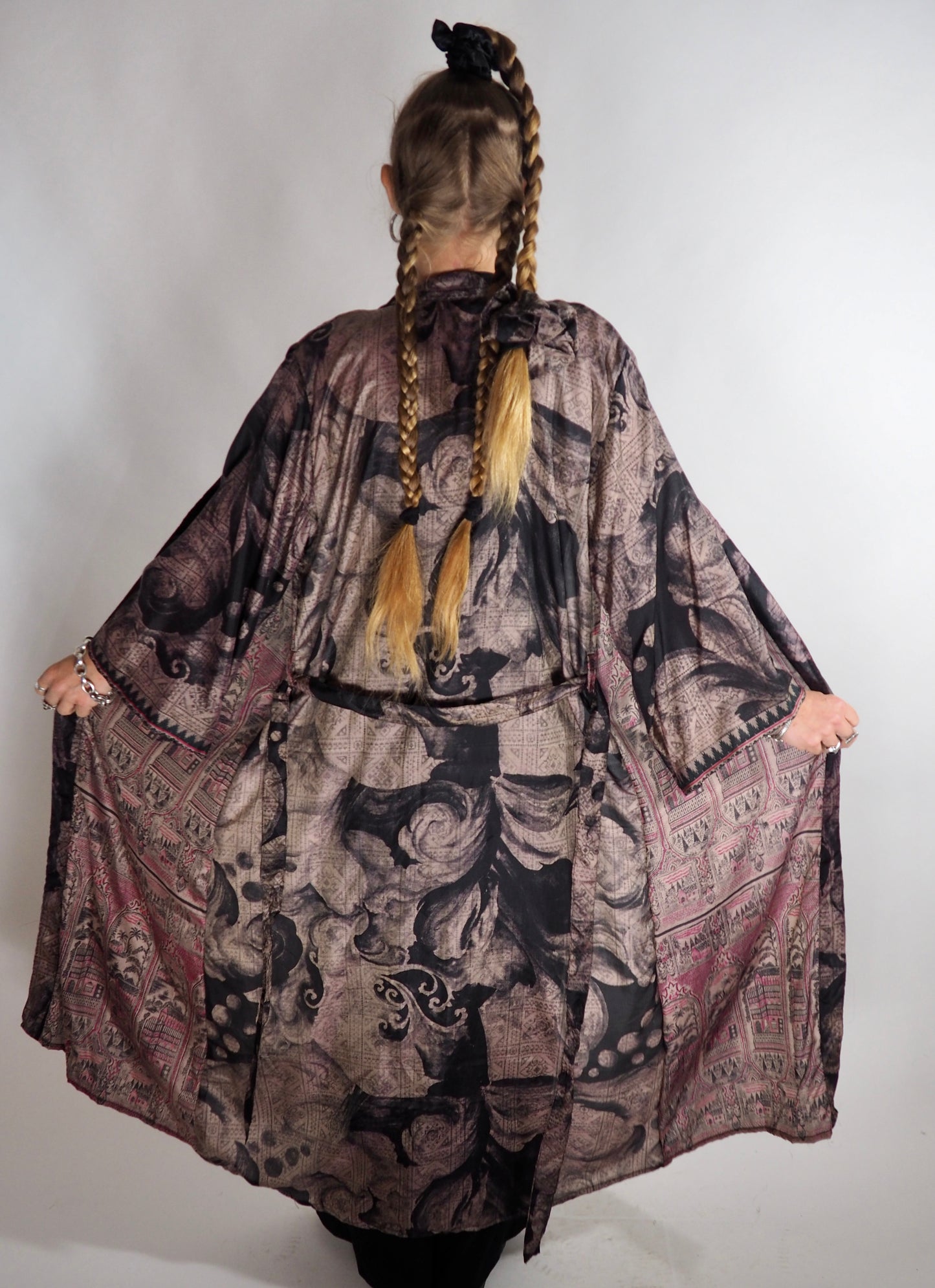 The Kardash Long Kimono – Up-cycled Vintage Sari long Kimono Robe with Waist Tie + Matching Scrunchy & Storage Bag