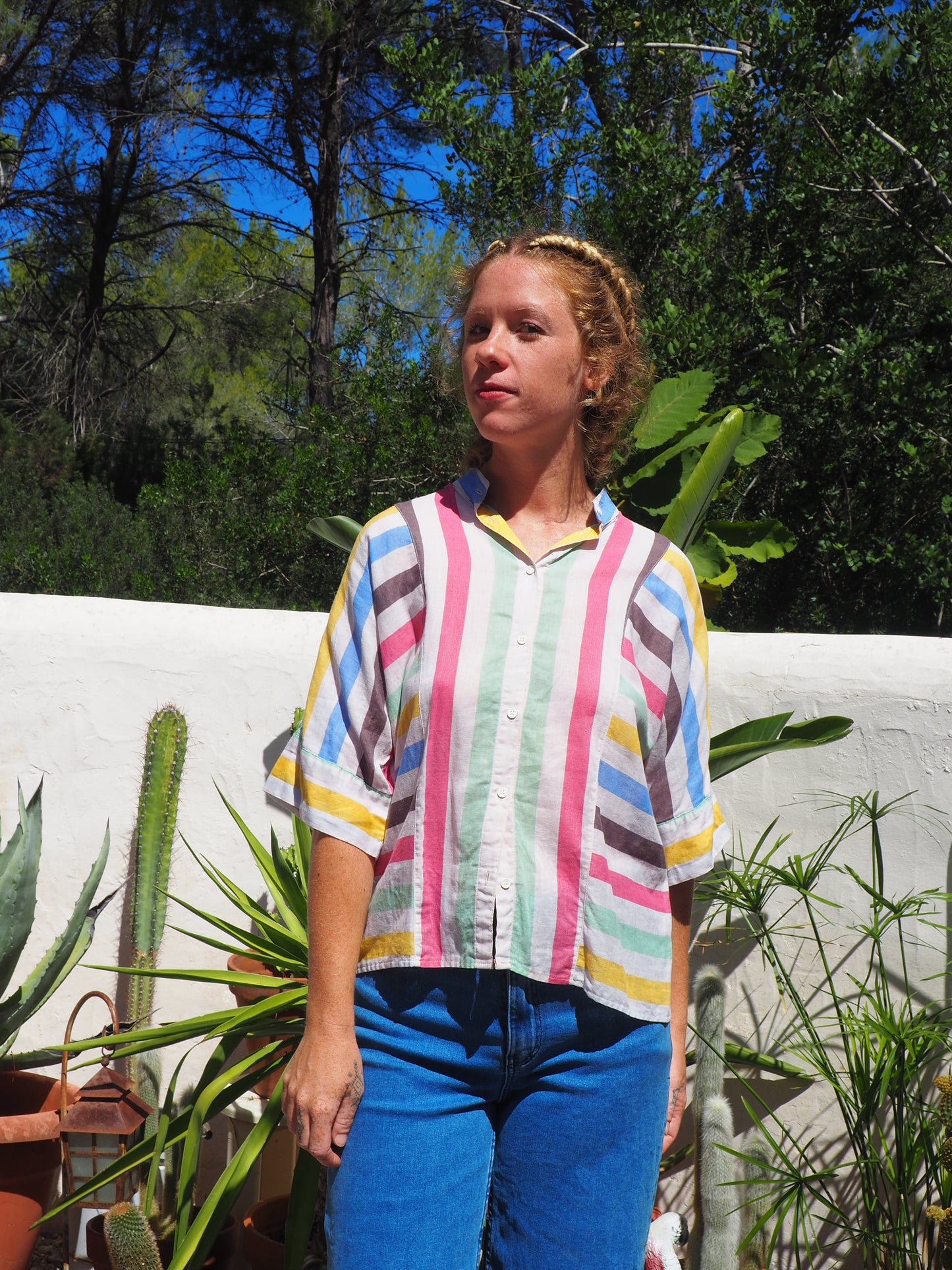 Vintage early 80’s fine cotton rainbow striped shirt with 80’s style sleeve details