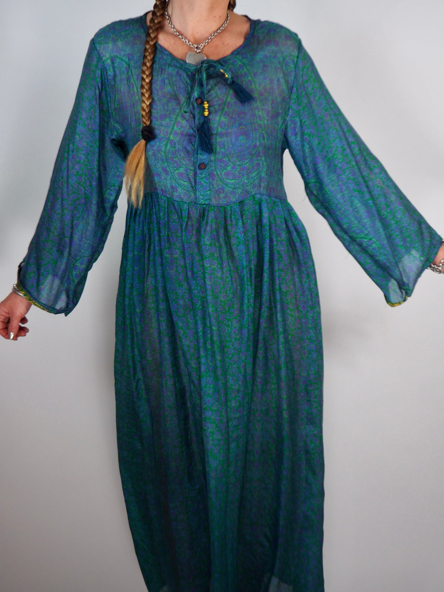 The Vadella Up-cycled Vintage Re-cycled Sari Maxi Dress – Sustainable Boho Dress with Tie Neck Detail + Matching Scrunchy & Bag