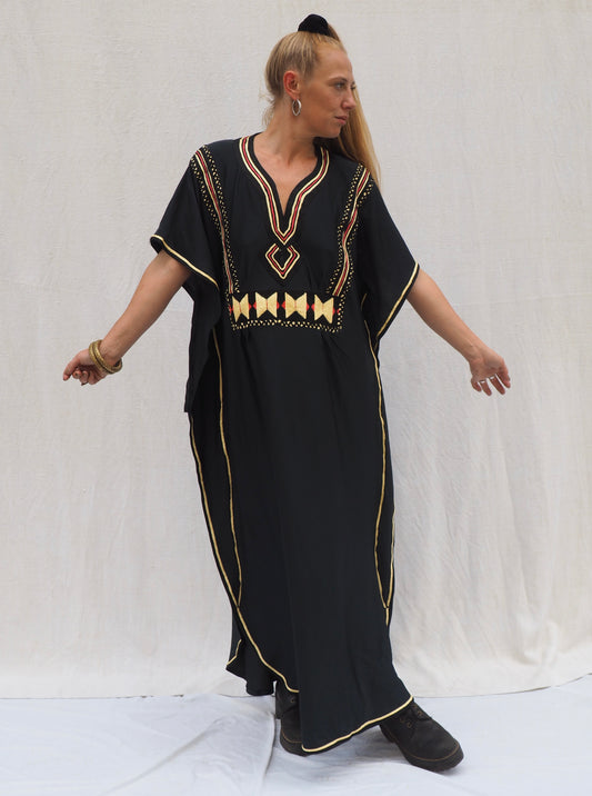 Vintage Black Polyester Kaftan with Gold Detail