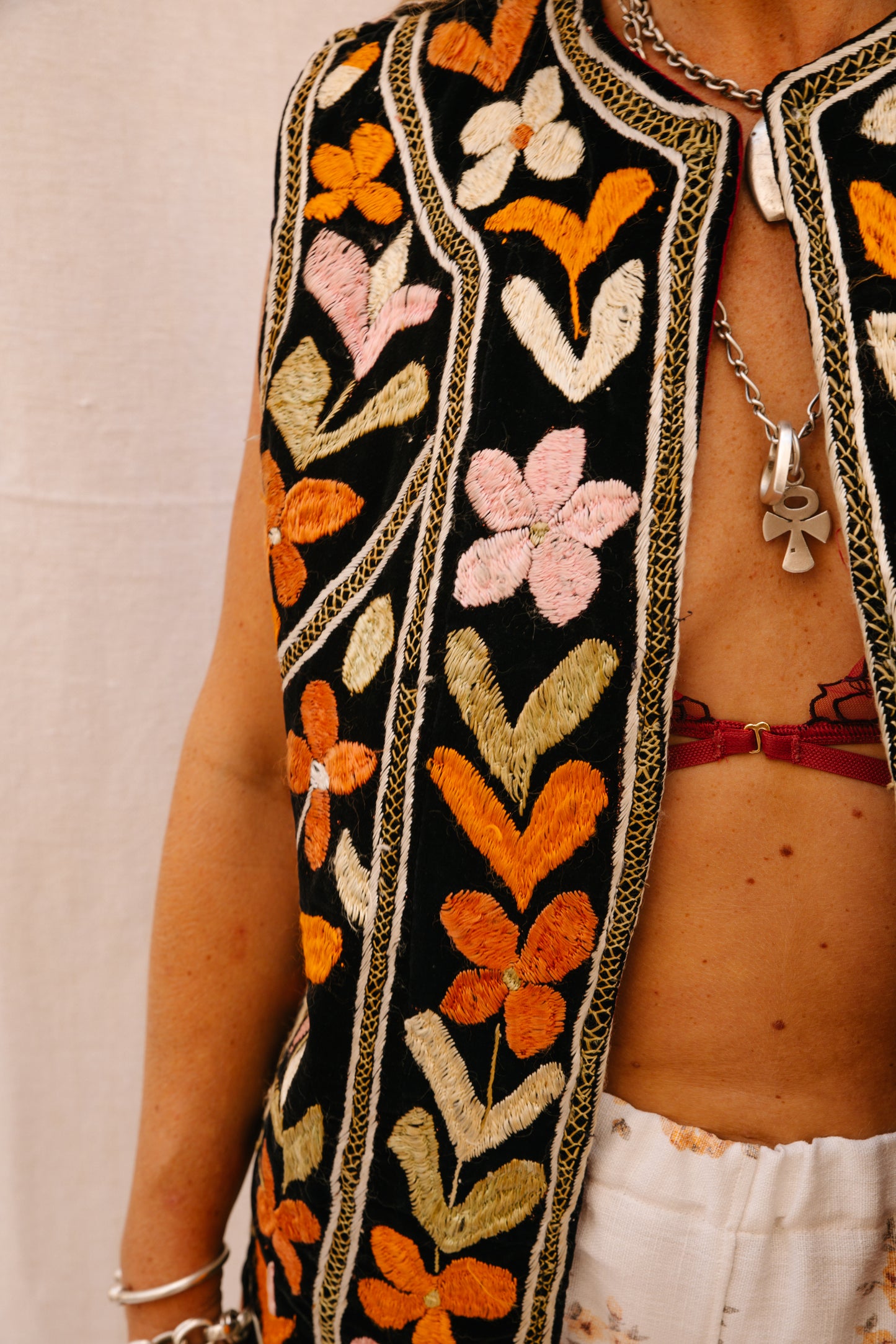 Vintage 1970s floral Embroidered Bohemian Waistcoat