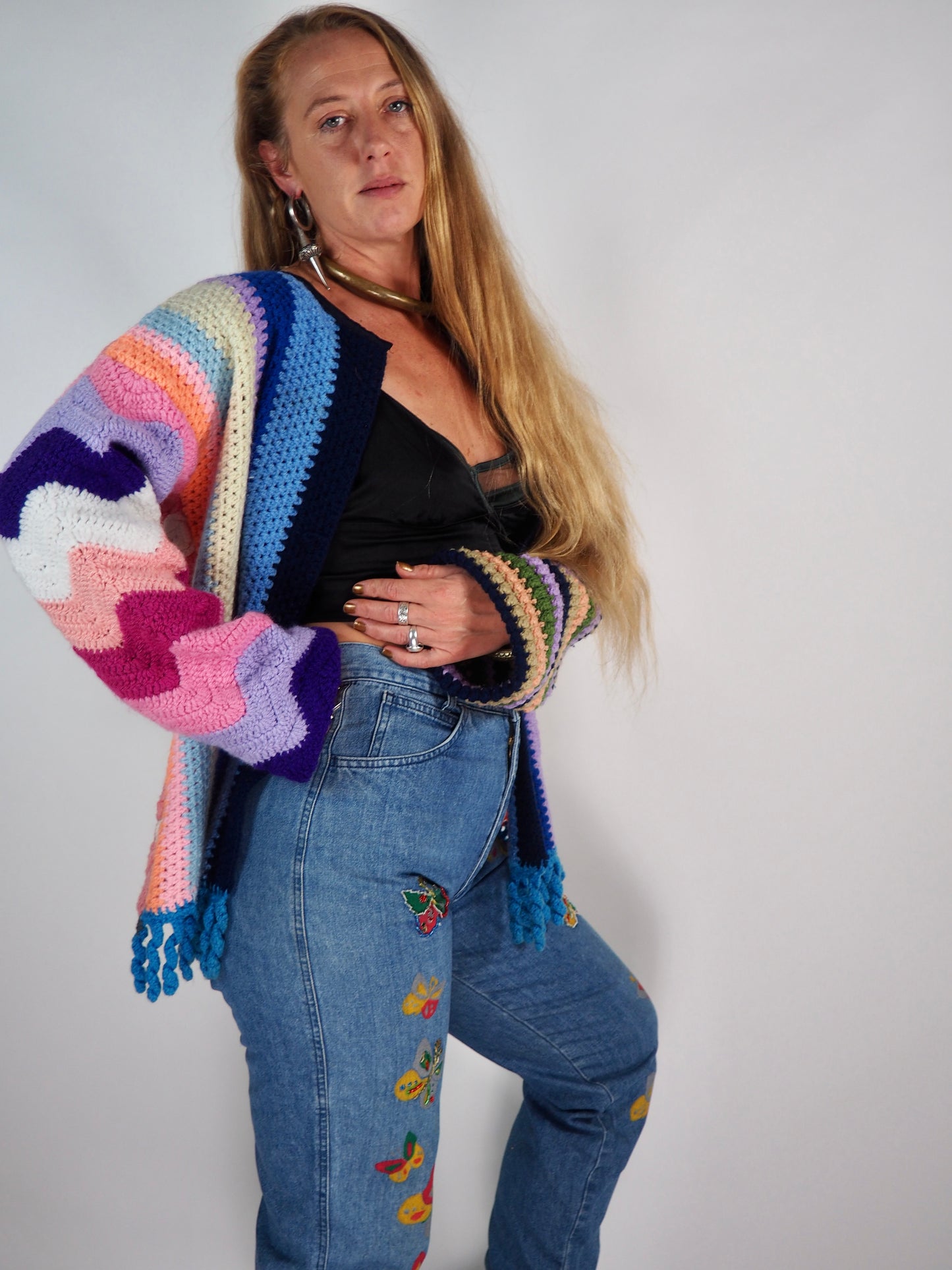 Vintage 1980s Hand-Painted and Beaded Denim Jeans