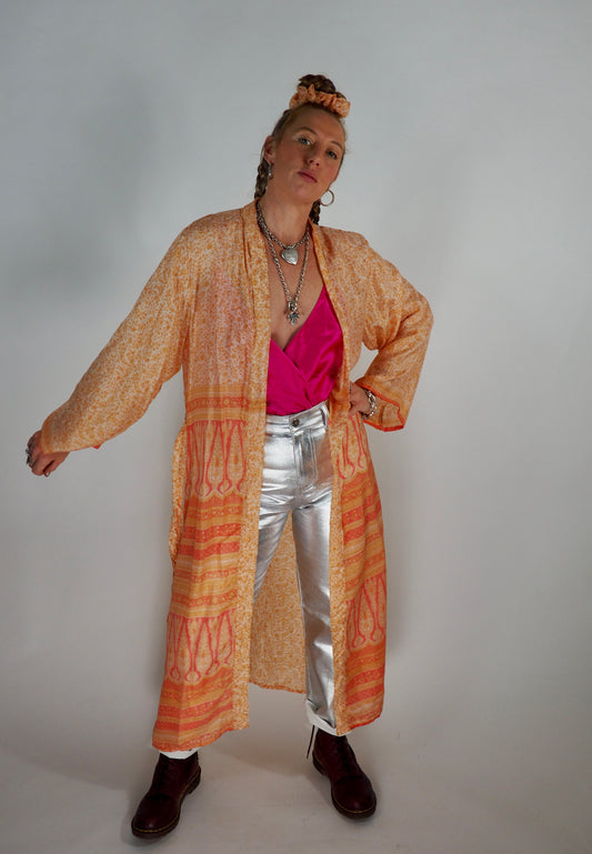 The Kardash Long Kimono – Up-cycled Vintage Sari long Kimono Robe with Waist Tie + Matching Scrunchy & Storage Bag