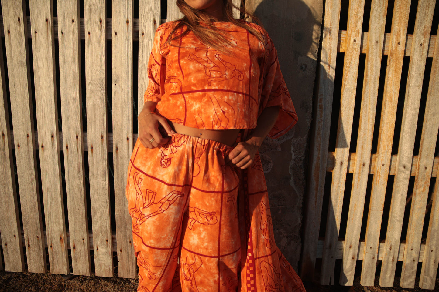 Up-cycled vintage cotton 3 piece set top and pants and mid length kimono cover up with printed karma sutra design in bright orange