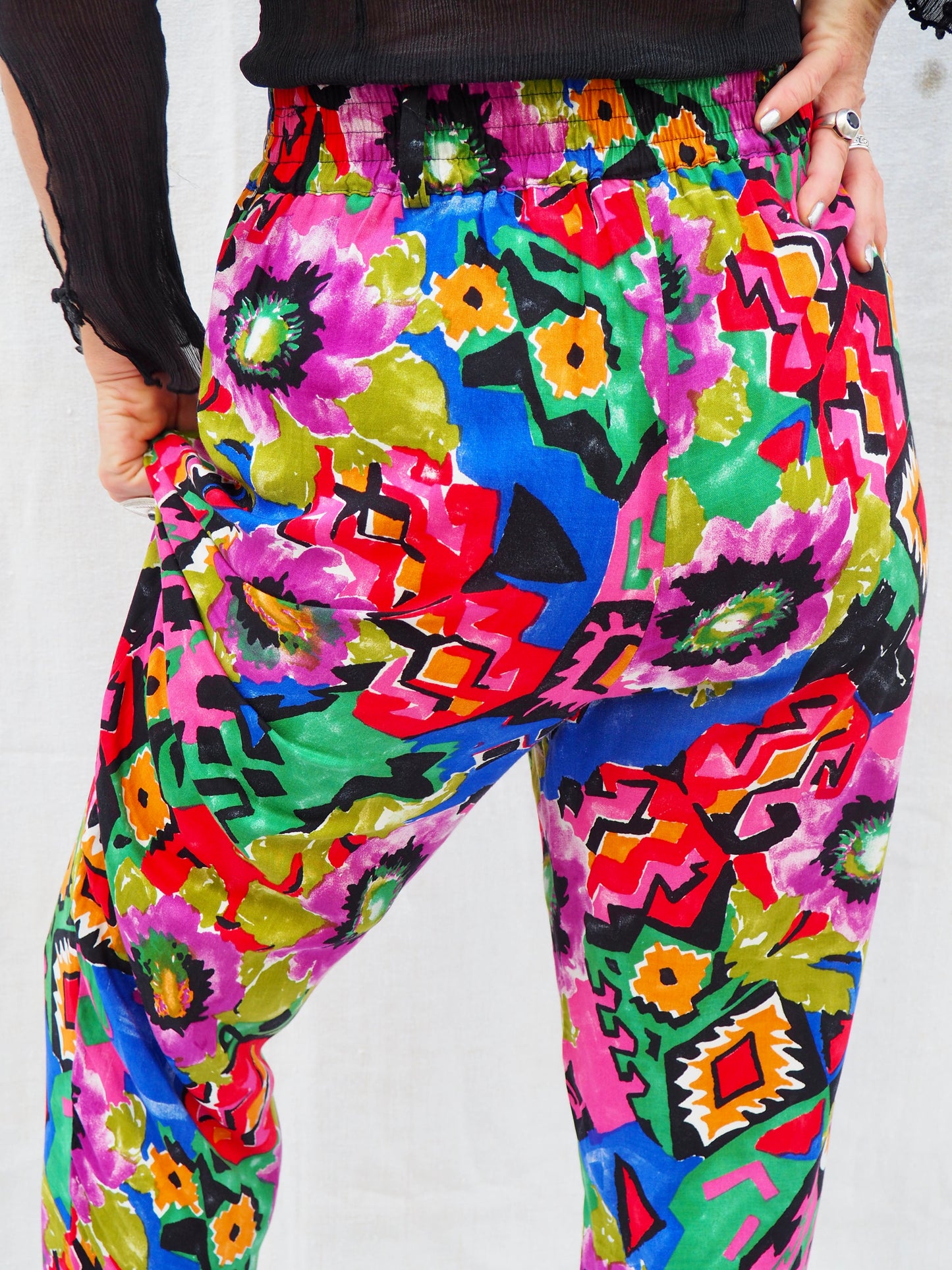 Vintage 1980s Colorful Cotton Printed Pants – Retro Geometric & Floral High-Waisted Trousers