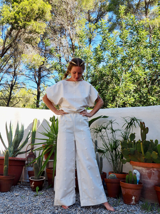 Creamy, white woven 2 piece wide leg pant and top set up-cycled by Vagabond Ibiza