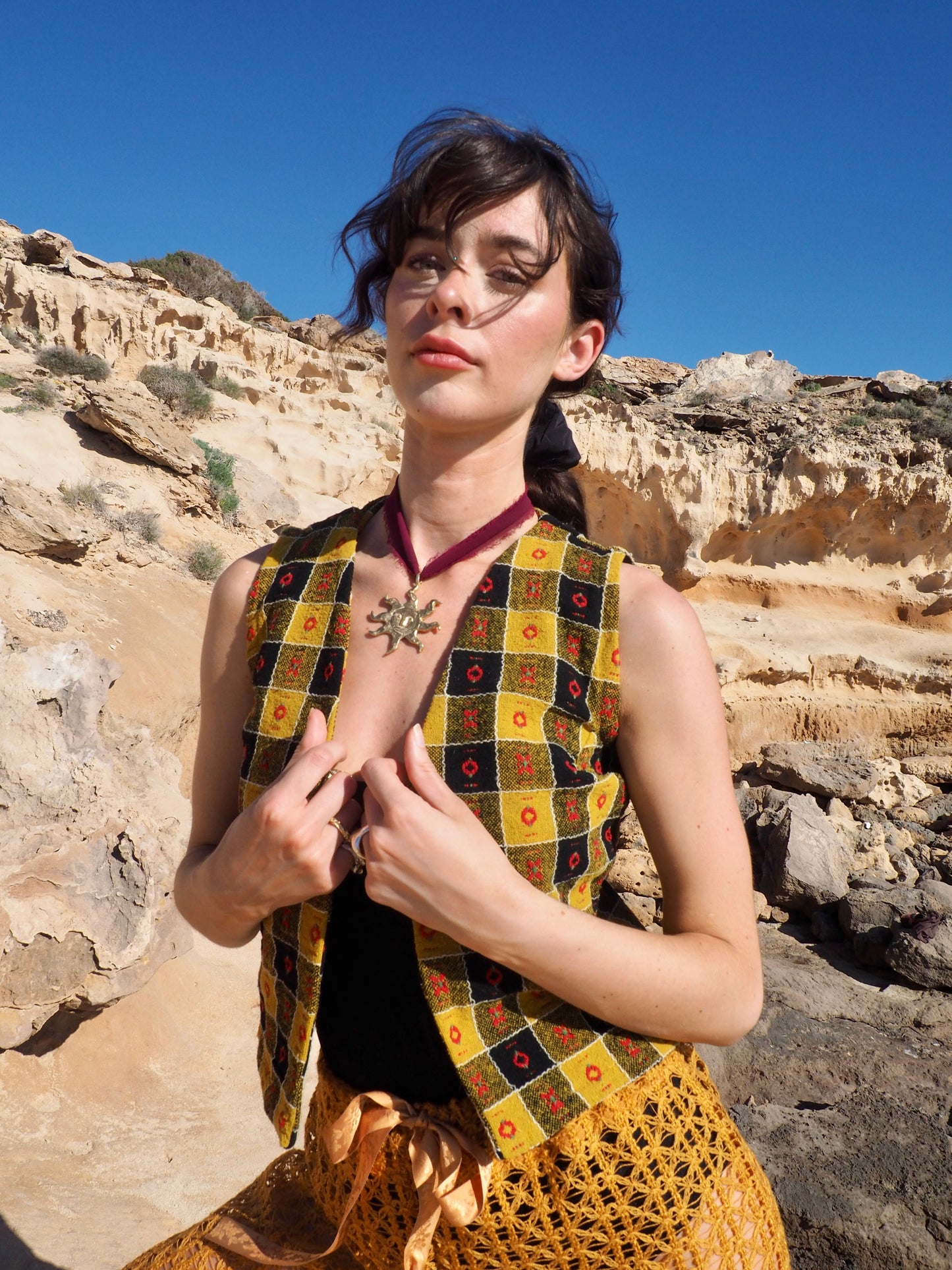 Small Cropped Waistcoat in Mustard Yellow, Black, and Red - Upcycled Vintage Textiles Made by Vagabond Ibiza