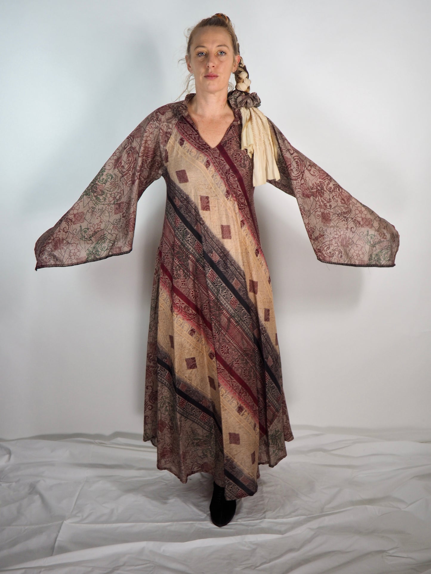 The Diamond Bias-Cut Maxi Dress – Up-cycled Vintage Sari Sustainable Dress with angel Sleeves + Matching Scrunchy & Bag