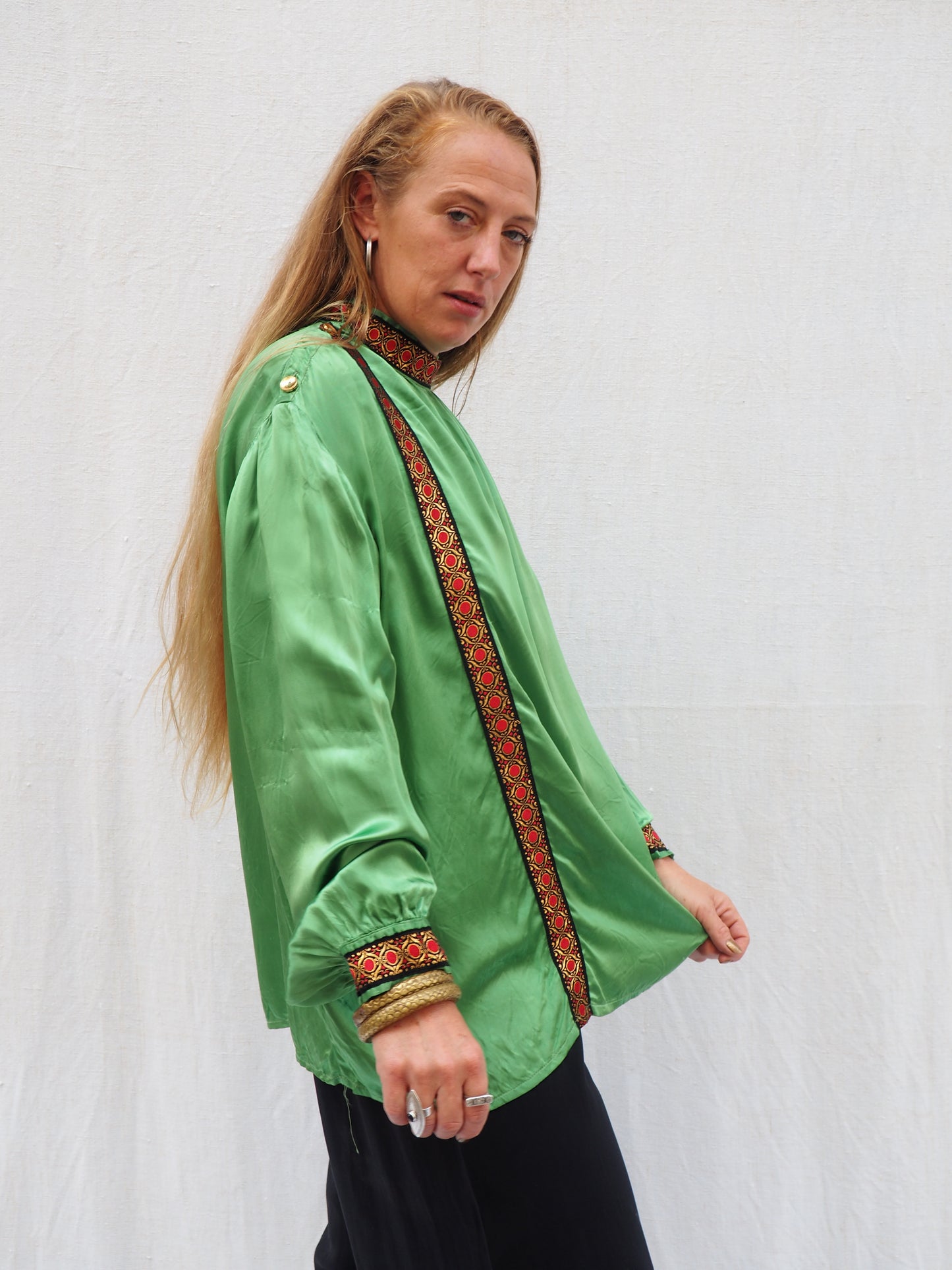 Vintage 1970s Green Satin Jacket with Embellished Trim