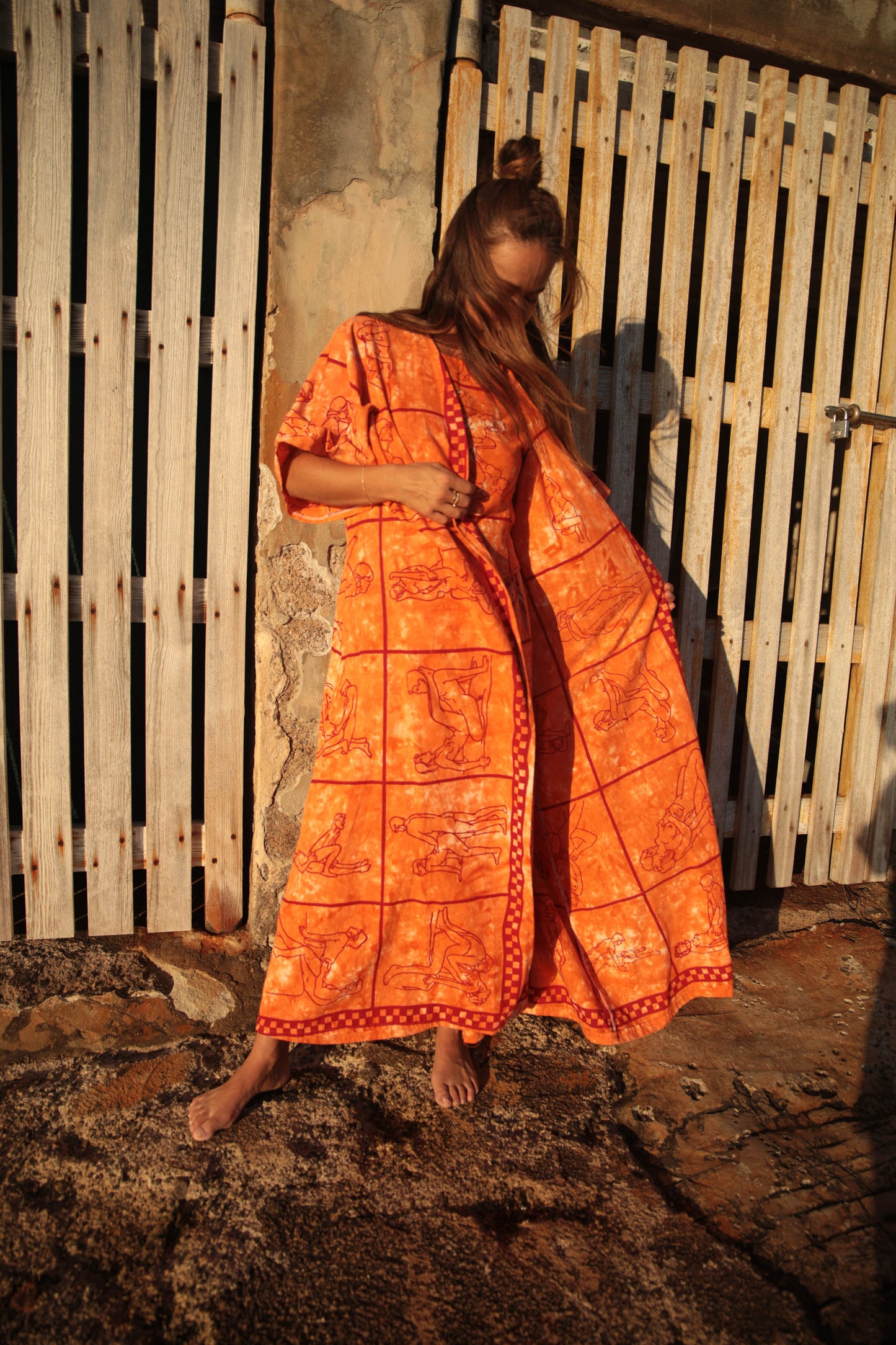 Up-cycled vintage cotton 3 piece set top and pants and mid length kimono cover up with printed karma sutra design in bright orange