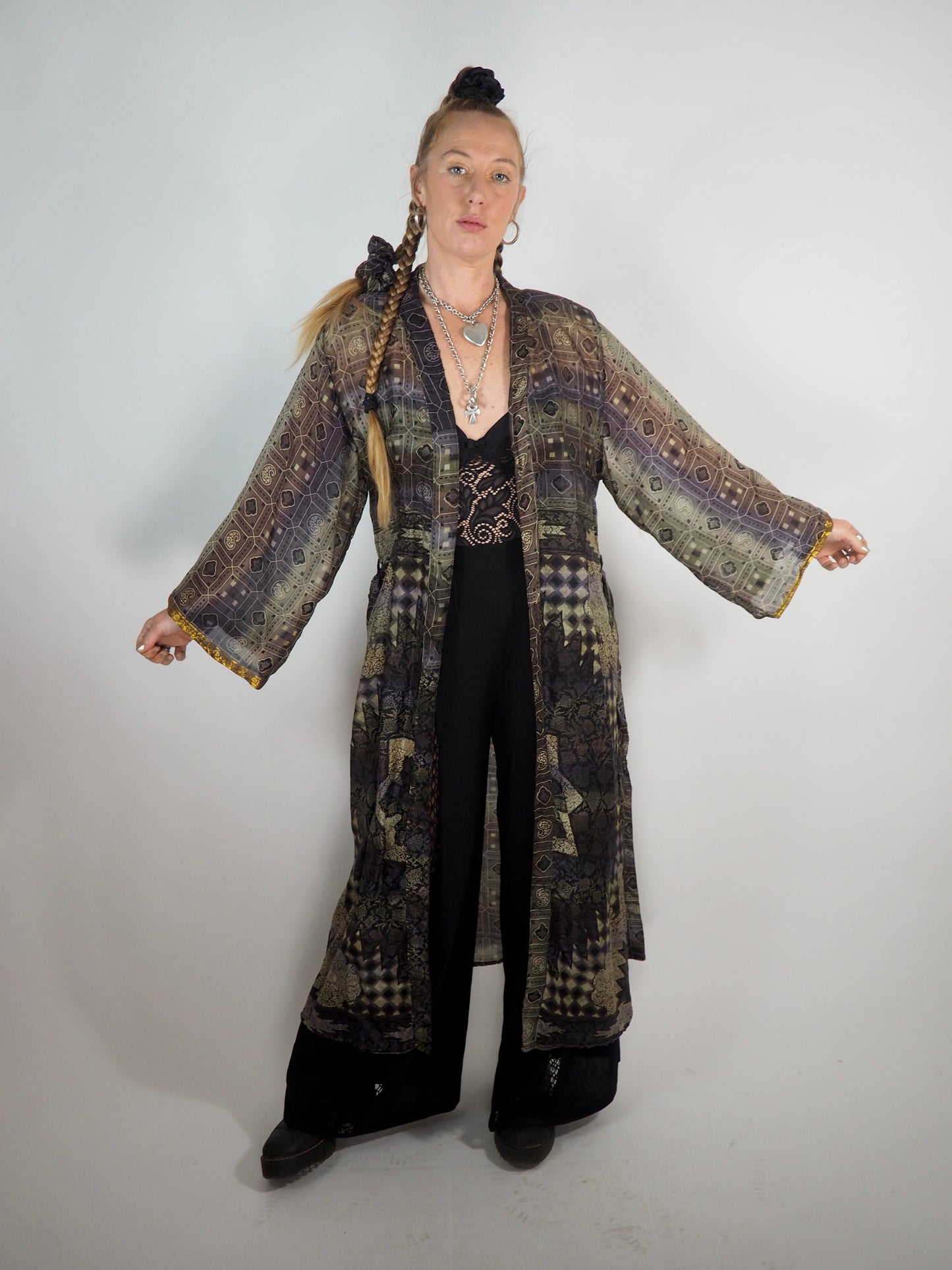 The Kardash Long Kimono – Up-cycled Vintage Sari long Kimono Robe with Waist Tie + Matching Scrunchy & Storage Bag