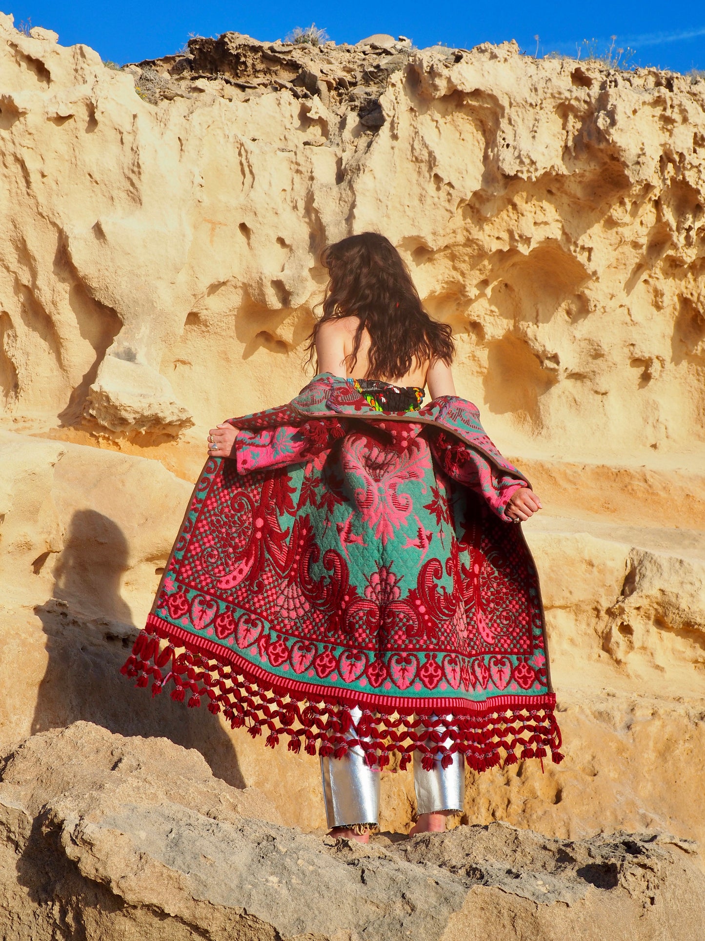 Amazing vintage woven tapestry jacket with insane oversize tassel trim up-cycled by Vagabond Ibiza