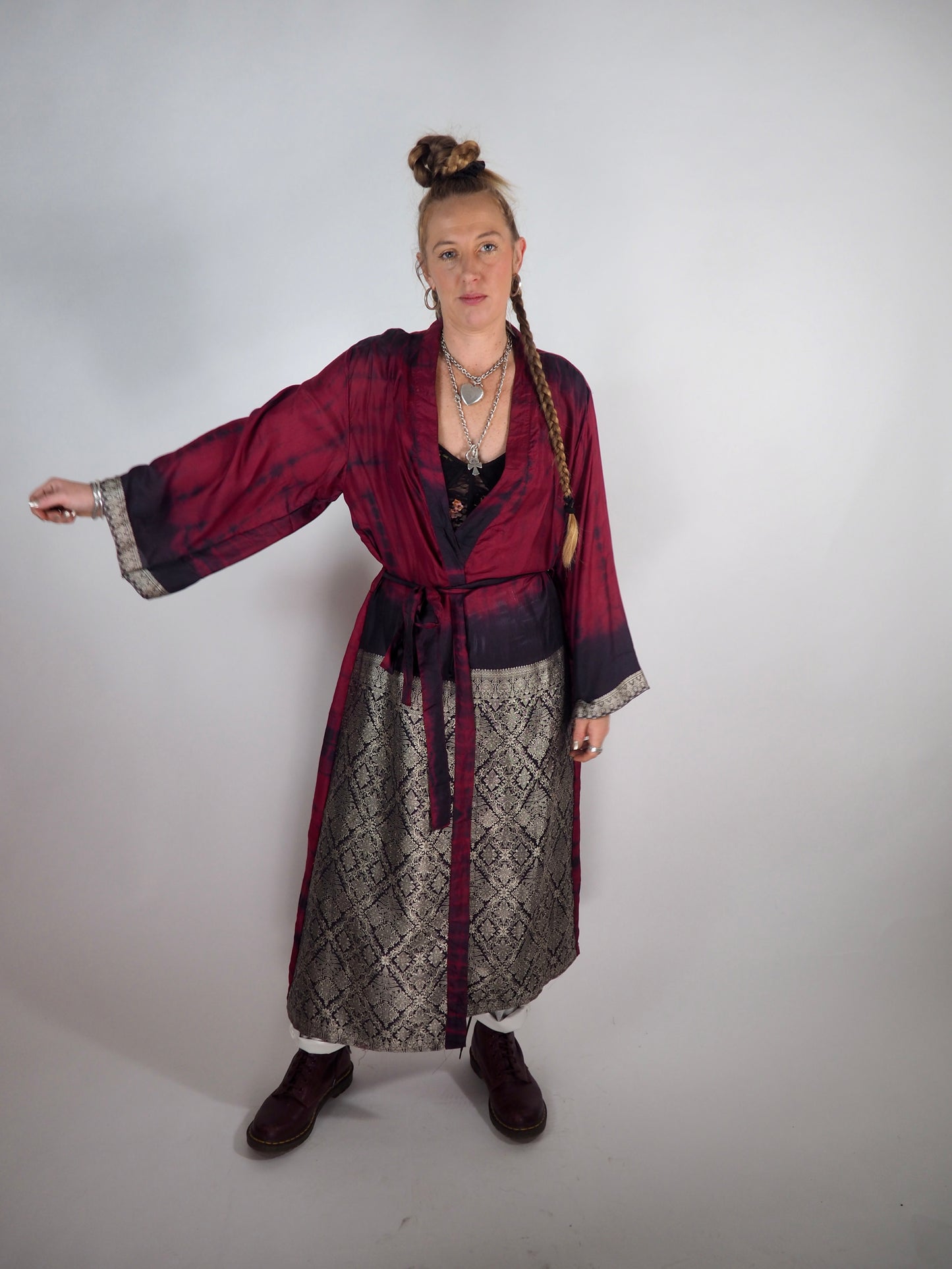 The Kardash Long Kimono – Up-cycled Vintage Sari long Kimono Robe with Waist Tie + Matching Scrunchy & Storage Bag