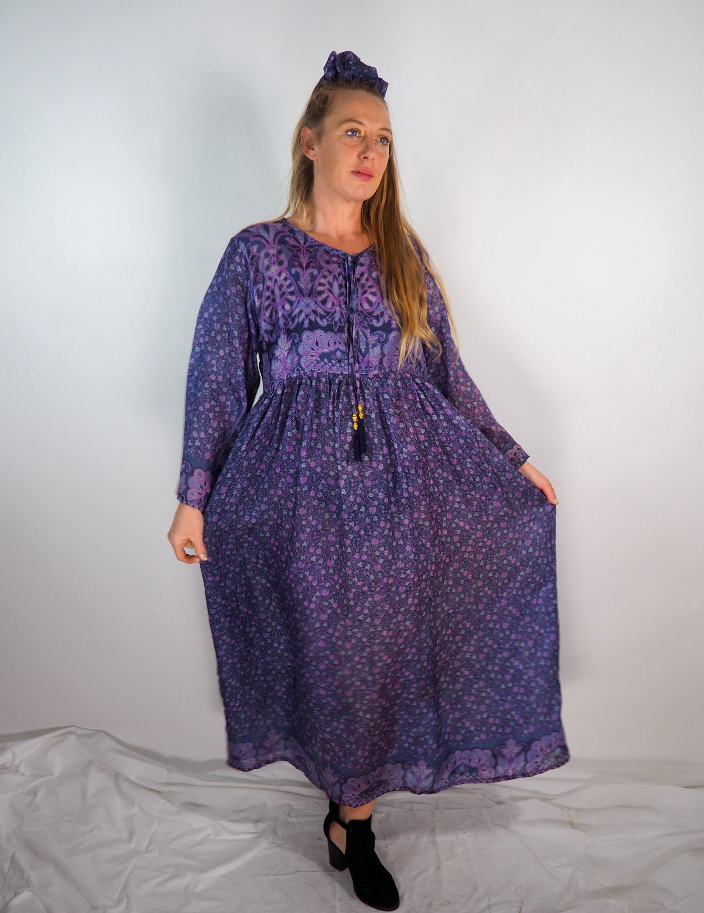 The Vadella Up-cycled Vintage Re-cycled Sari Maxi Dress – Sustainable Boho Dress with Tie Neck Detail + Matching Scrunchy & Bag