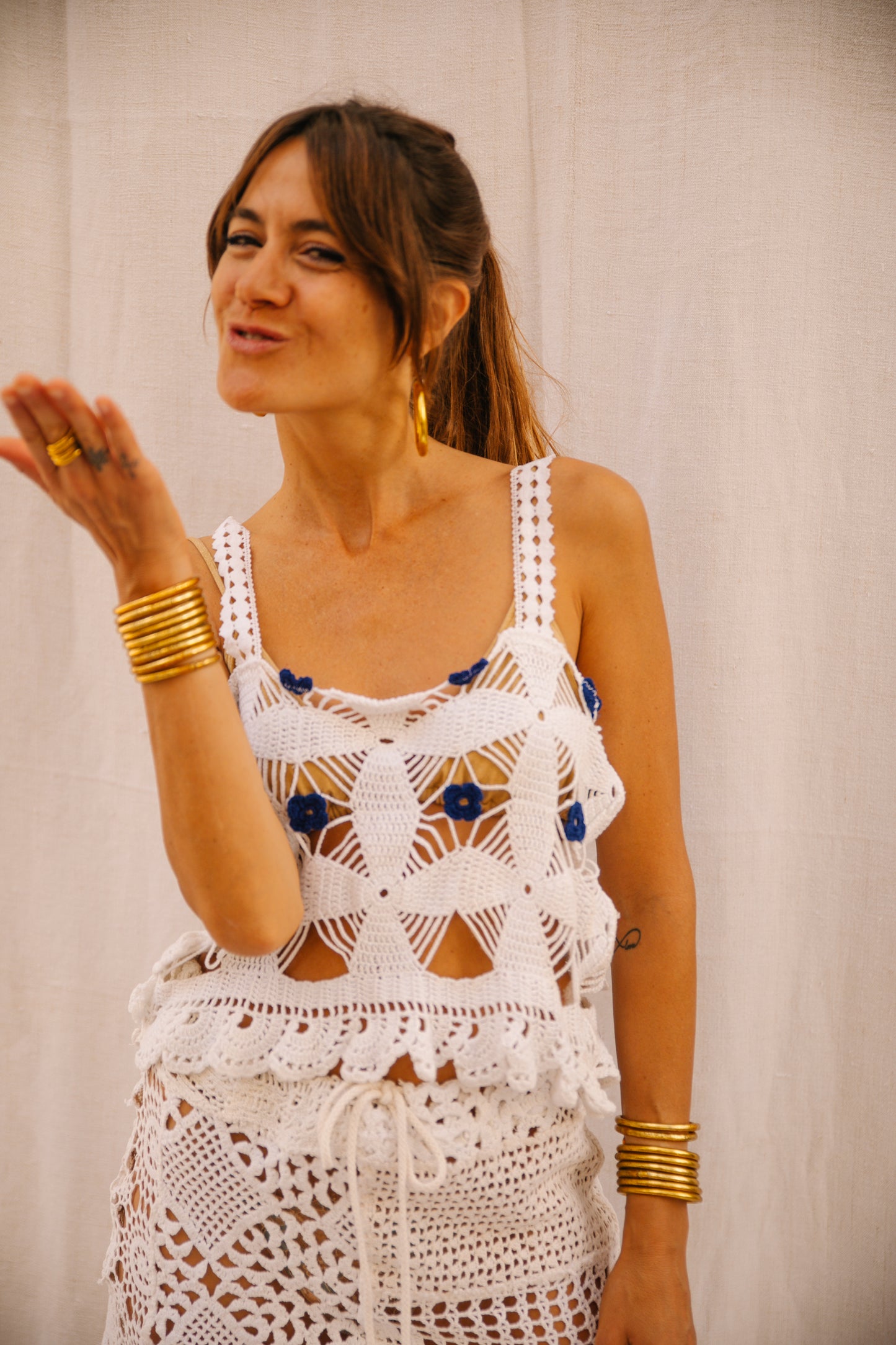 Up-cycled Crochet Top with Blue Flower Details – Handmade by Vagabond Ibiza