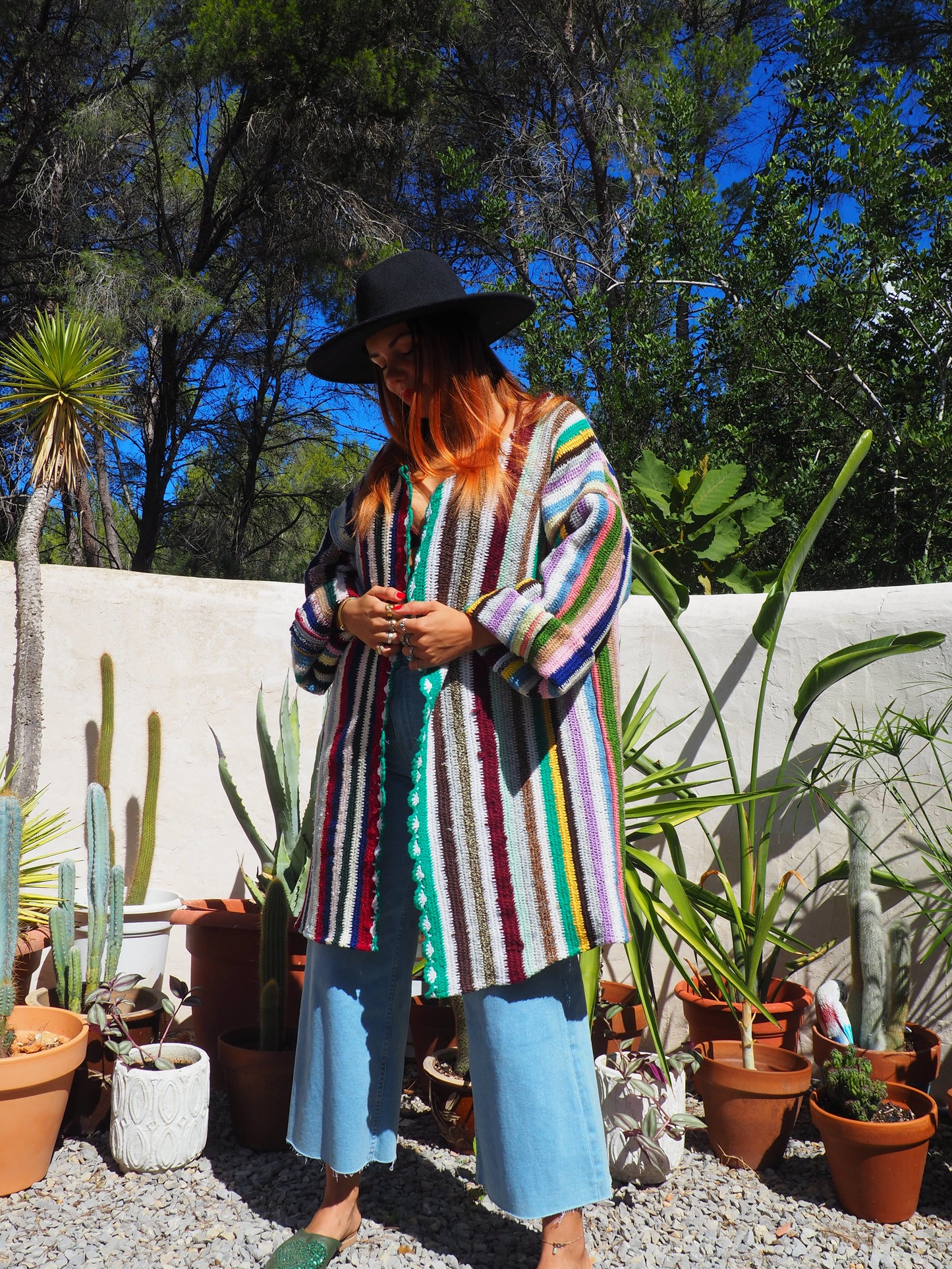 Vintage striped rainbow wool and cotton crochet jacket up-cycled by Vagabond Ibiza