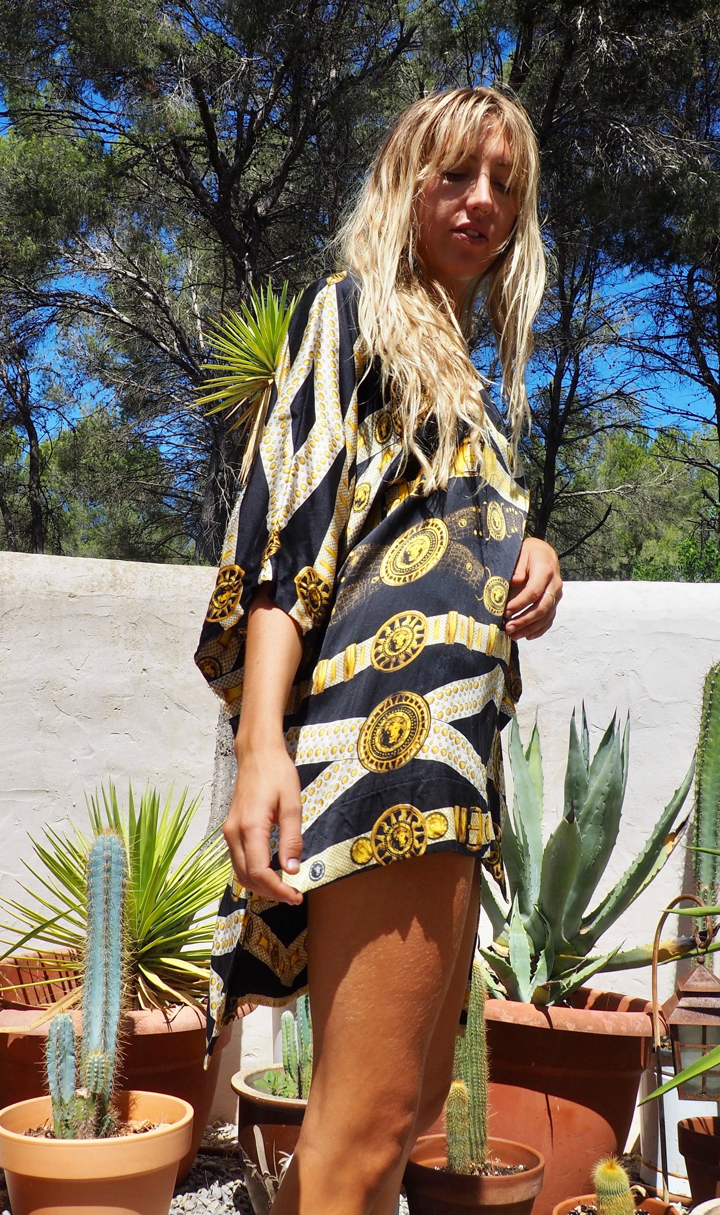 Pure silk black and gold printed dress/top super easy to wear day and night