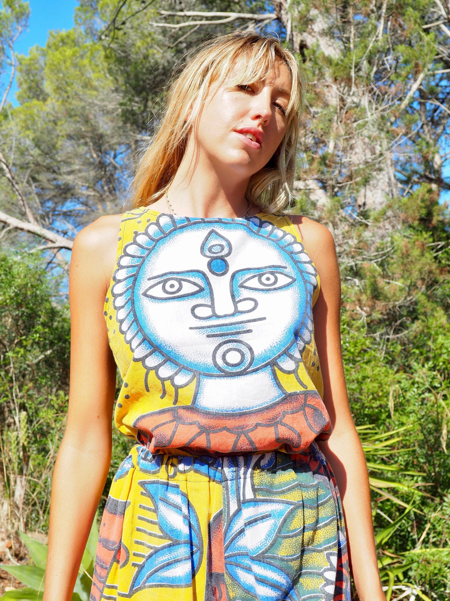 Up-cycled cotton funky bright colourful patchwork  printed vest t-shirt top by Vagabond Ibiza