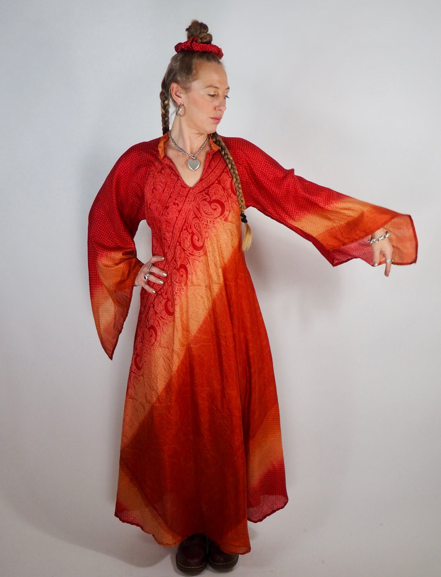 The Diamond Bias-Cut Maxi Dress – Up-cycled Vintage Sari Sustainable Dress with angel Sleeves + Matching Scrunchy & Bag