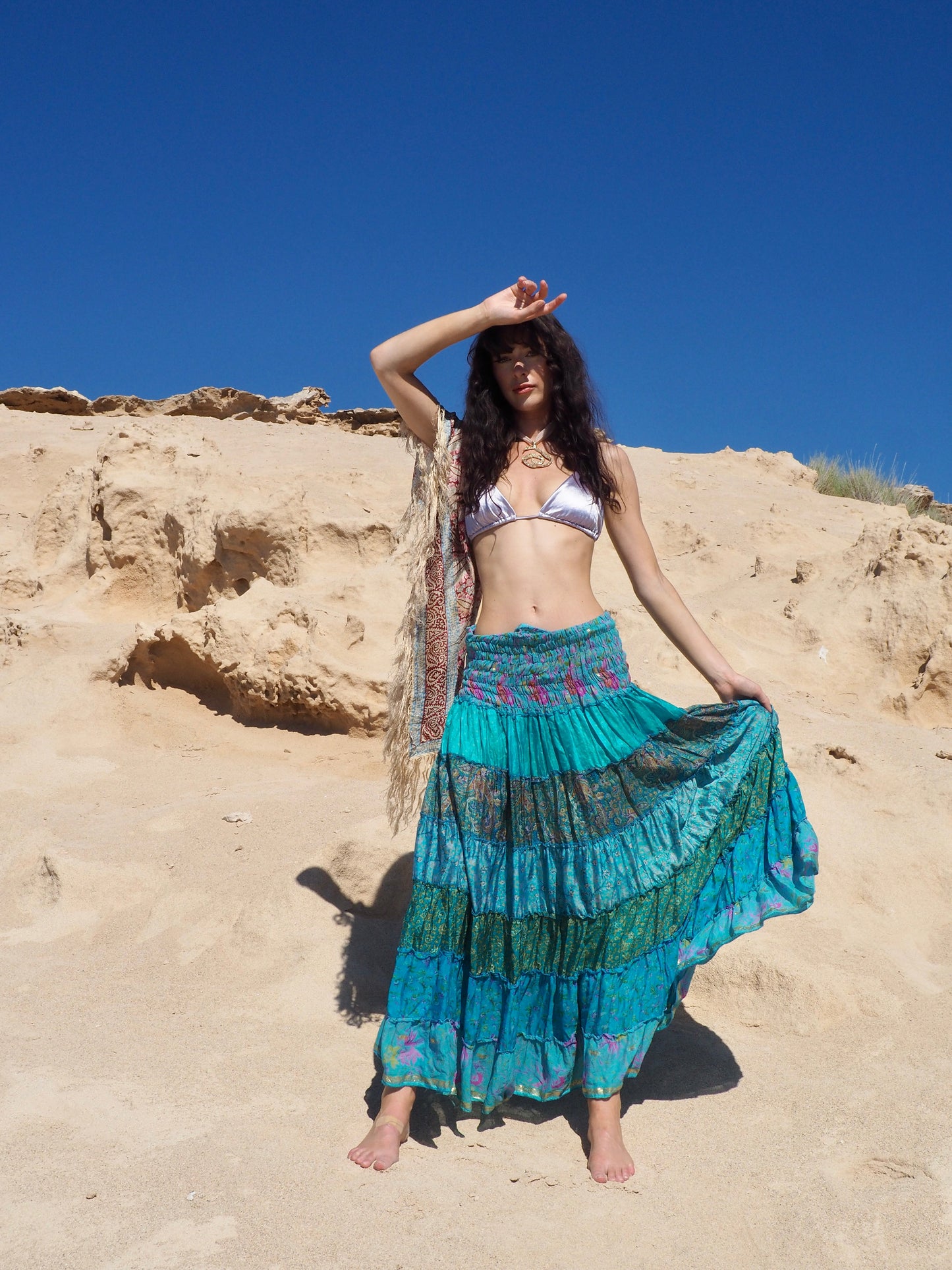Vintage Indian Recycled Silk Saree Patchwork Maxi Skirt - Sea Blue Tones